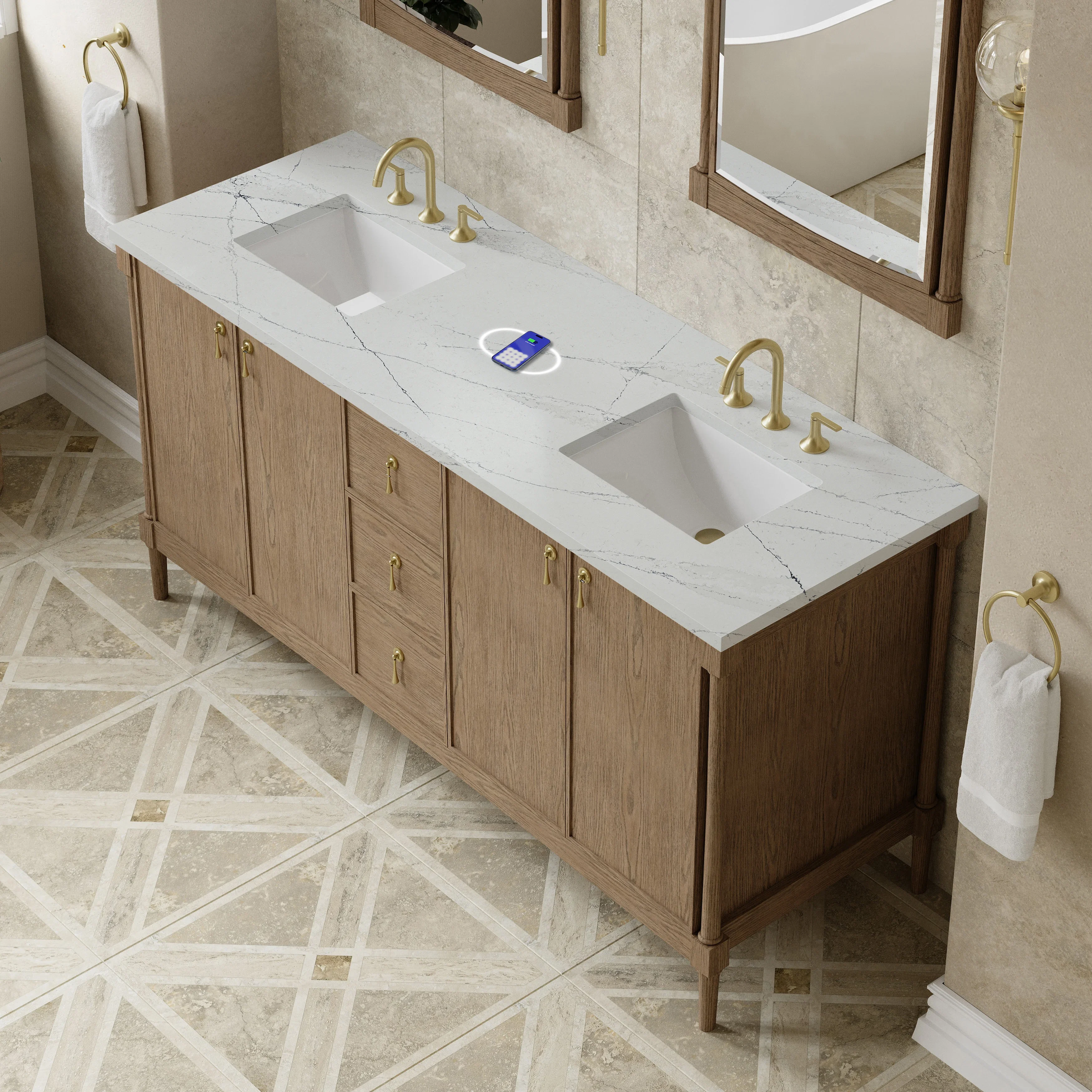 Kinnsden 72" Double Vanity, Weathered Oak w/ 3 CM Ethereal Noctis Silestone Top w/FreePower Wireless Charger