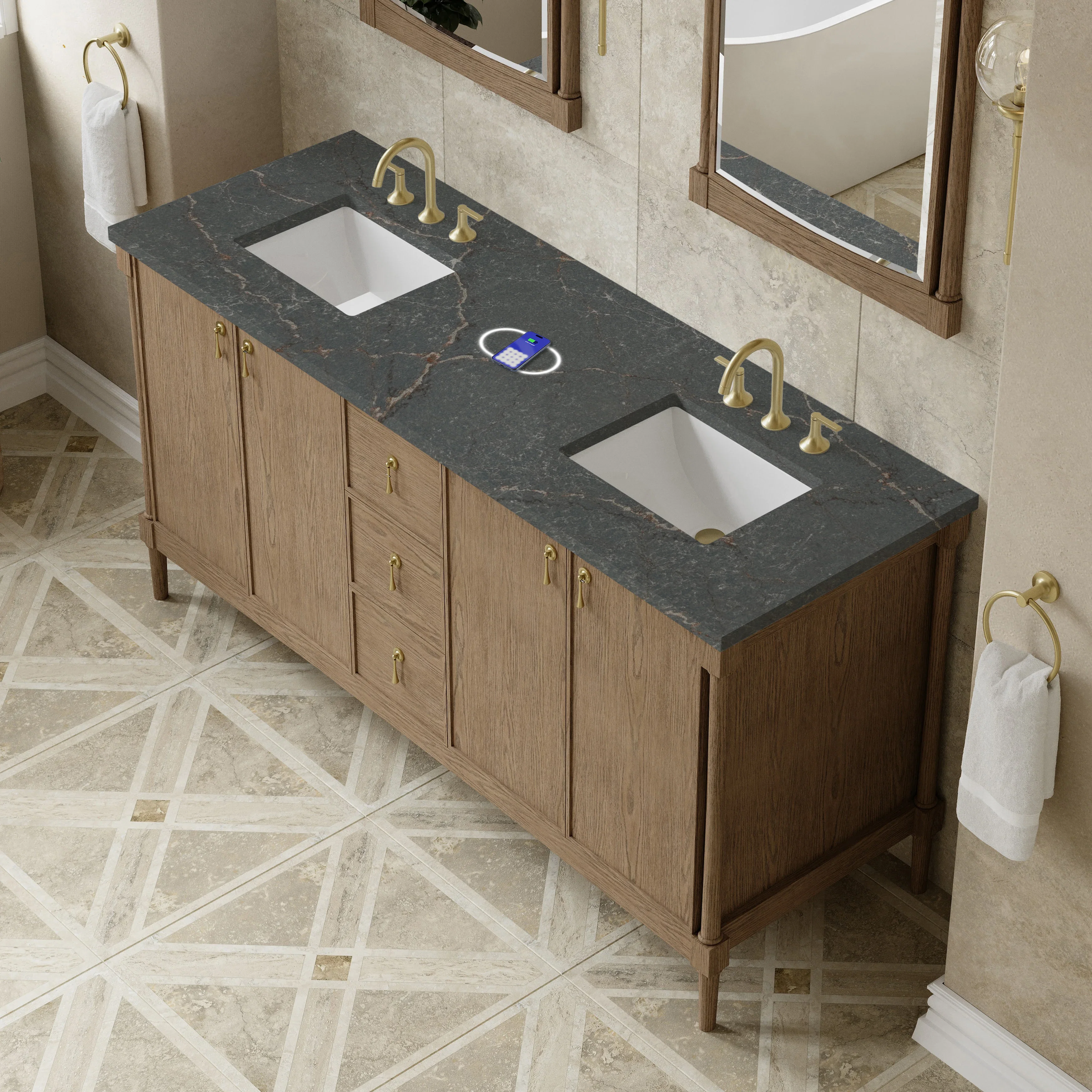 Kinnsden 72" Double Vanity, Weathered Oak w/ 3 CM Parisien Bleu Silestone Top w/FreePower Wireless Charger