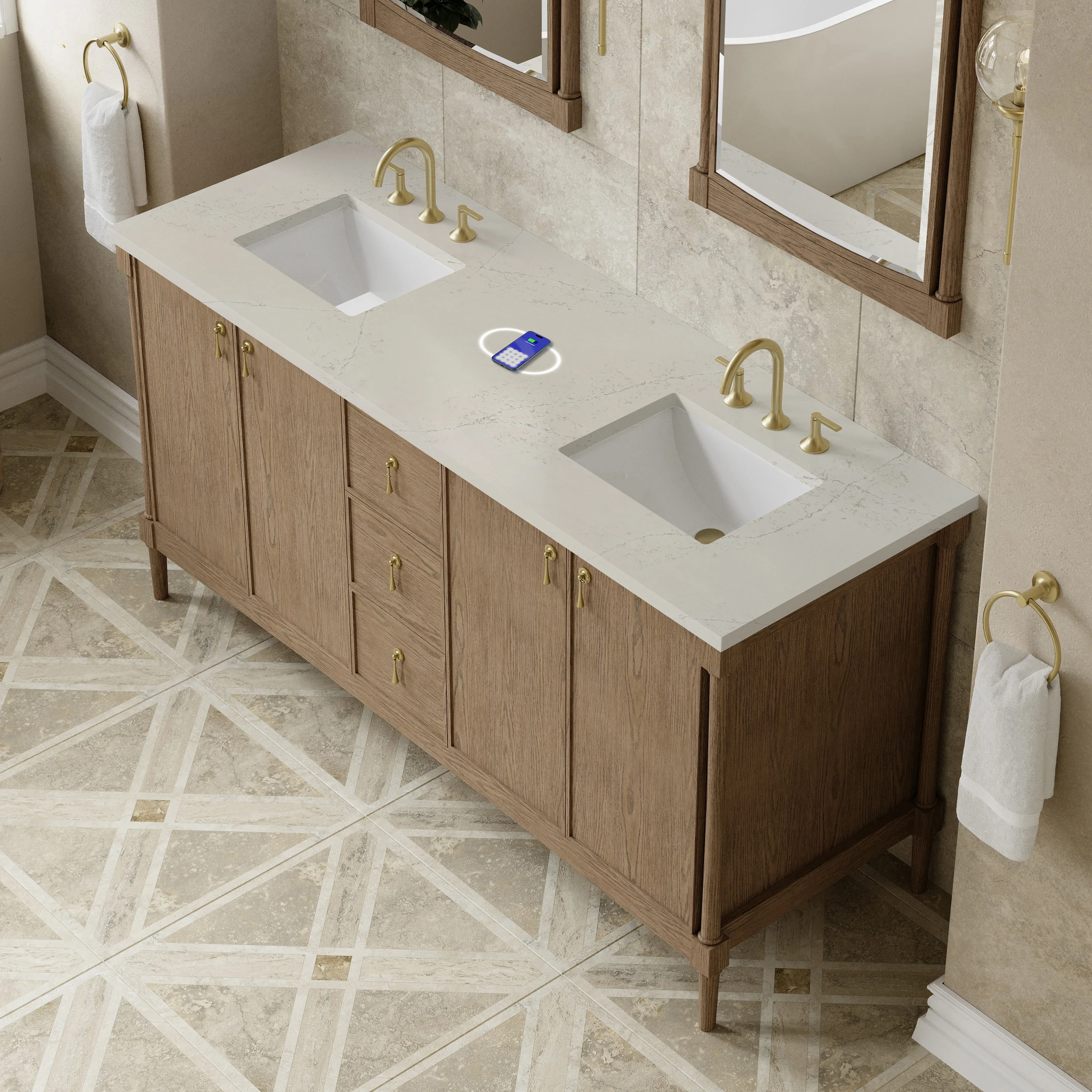 Kinnsden 72" Double Vanity, Weathered Oak w/ 3 CM Siberian Silestone Top w/FreePower Wireless Charger