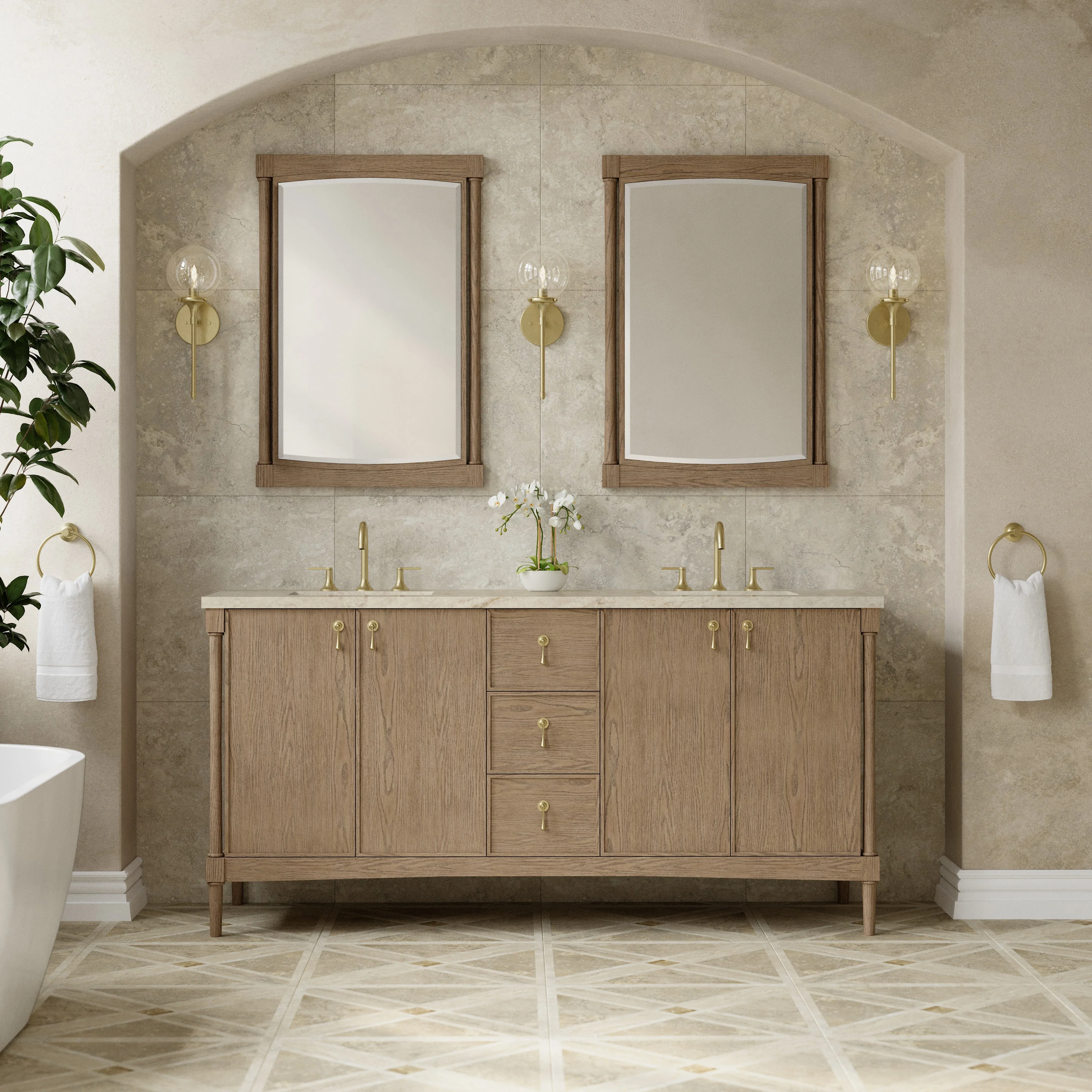 Kinnsden 72" Double Vanity, Weathered Oak w/ 3 CM Tajnar Eclos Top w/FreePower Wireless Charger