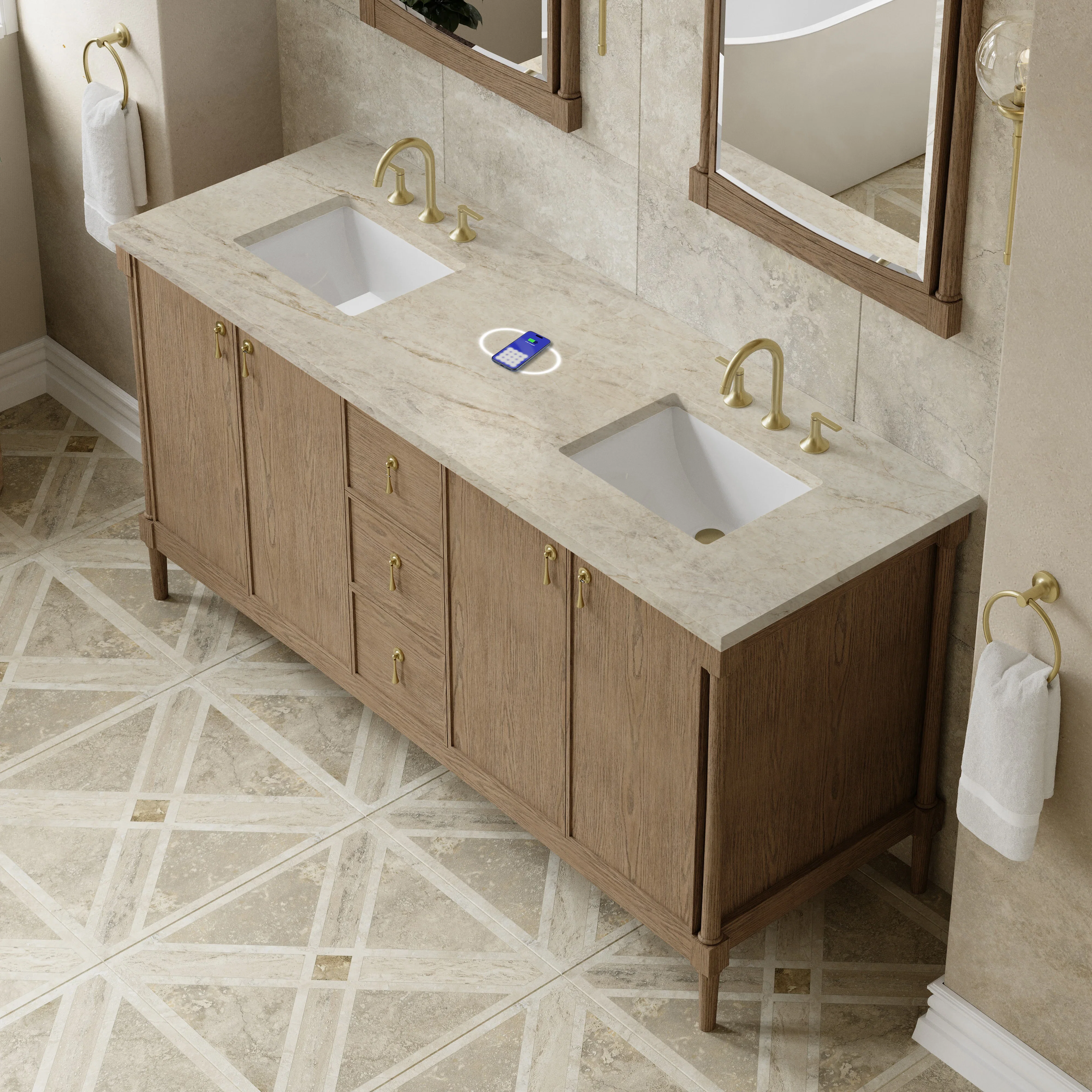 Kinnsden 72" Double Vanity, Weathered Oak w/ 3 CM Tajnar Eclos Top w/FreePower Wireless Charger