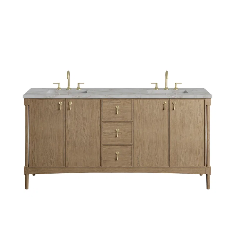 Kinnsden 72" Double Vanity, Weathered Oak w/ 3 CM Victorian Silver Silestone Top w/FreePower Wireless Charger