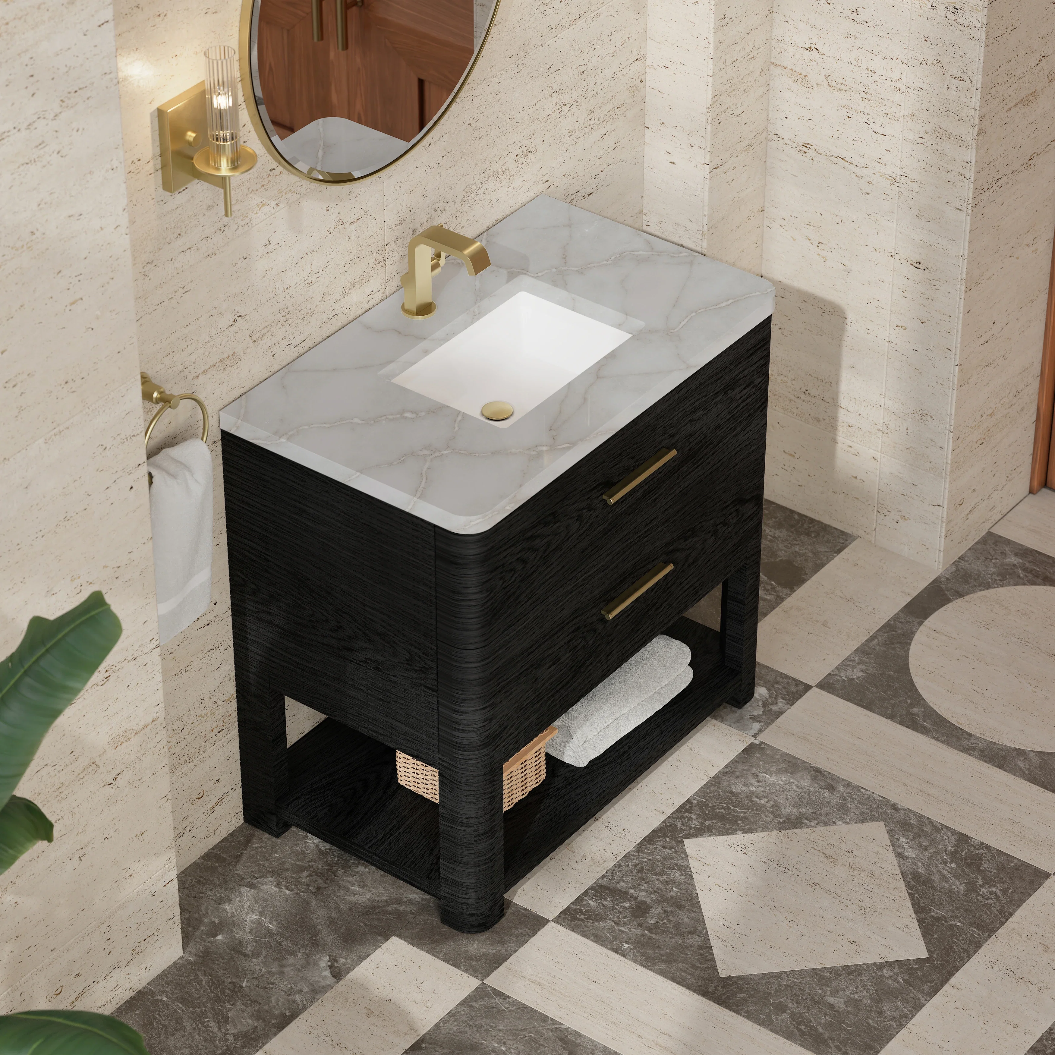 Lucian 36" Single Vanity, Carbon Oak w/ 3 CM Victorian Silver Silestone Top