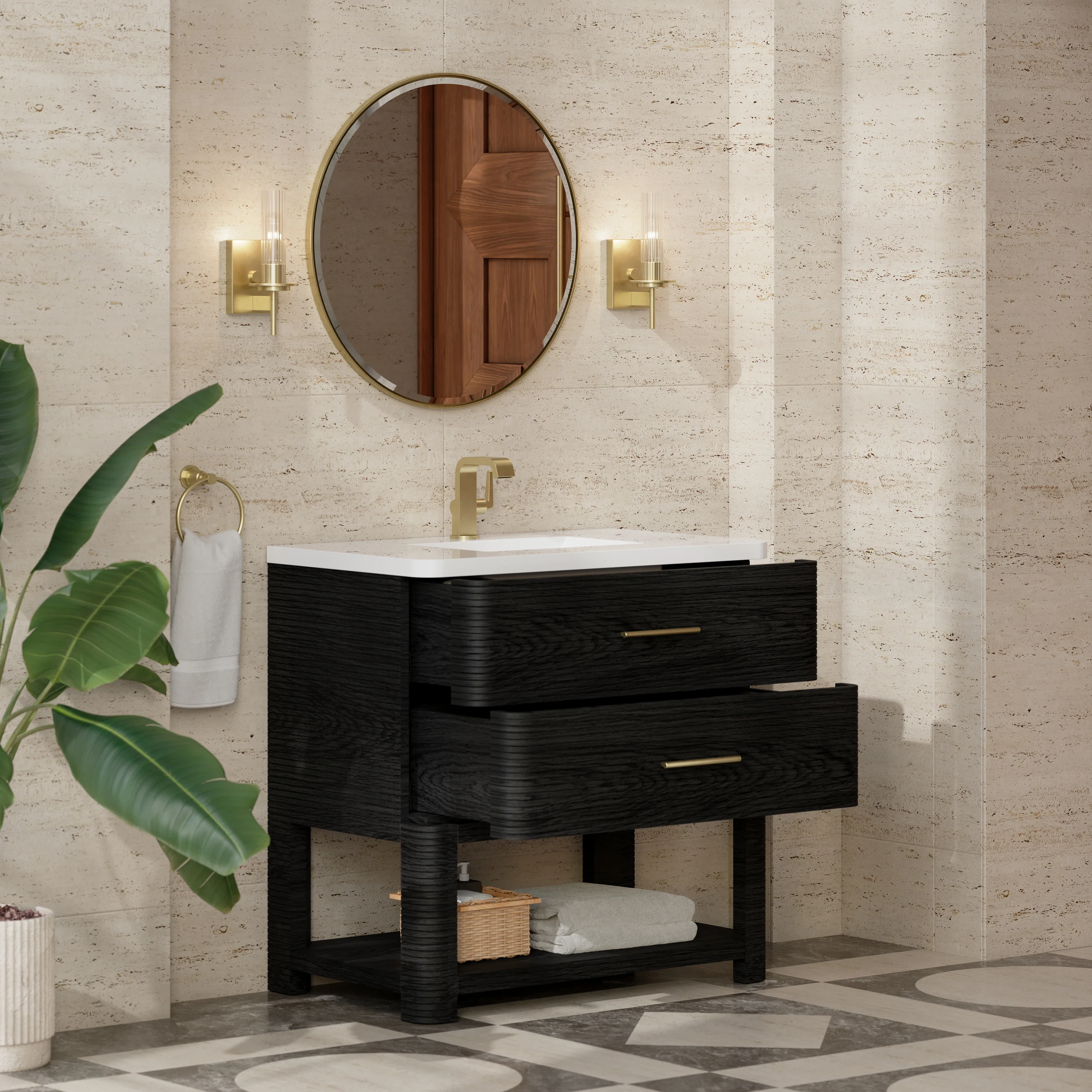 Lucian 36" Single Vanity, Carbon Oak w/ 3 CM White Zeus Silestone Top