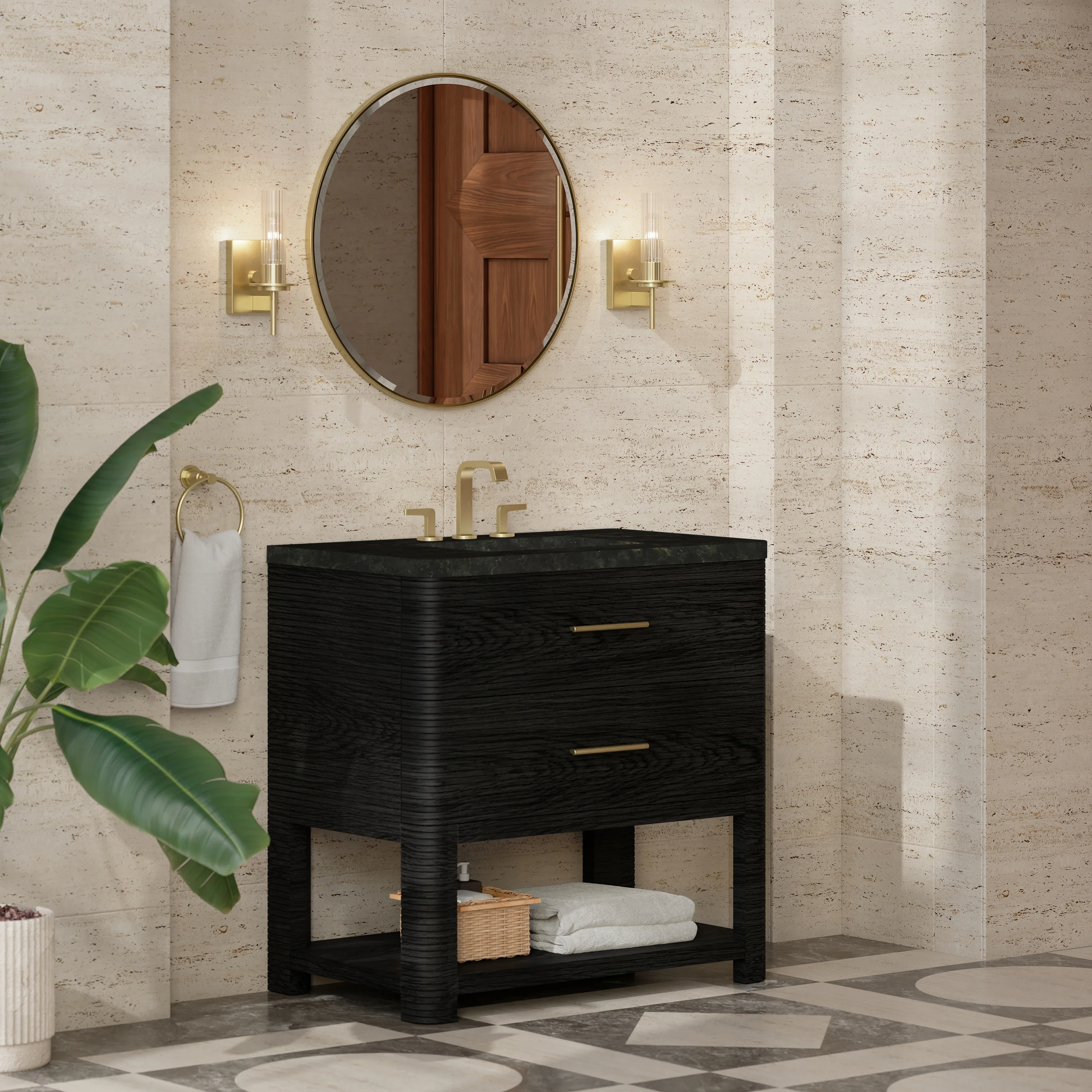 Lucian 36" Single Vanity, Carbon Oak, w/ 3 CM Phantome Eclos Widespread Top