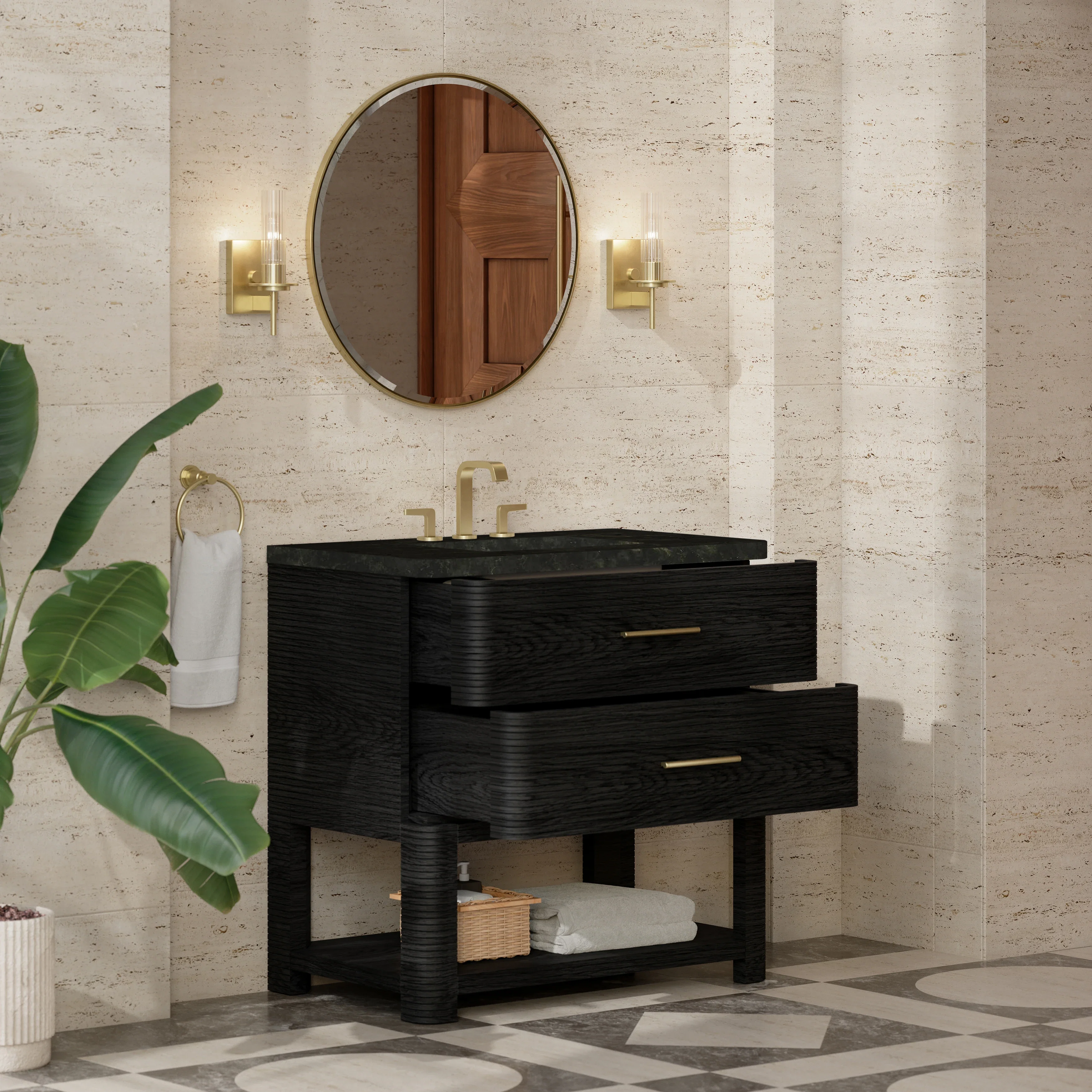 Lucian 36" Single Vanity, Carbon Oak, w/ 3 CM Phantome Eclos Widespread Top
