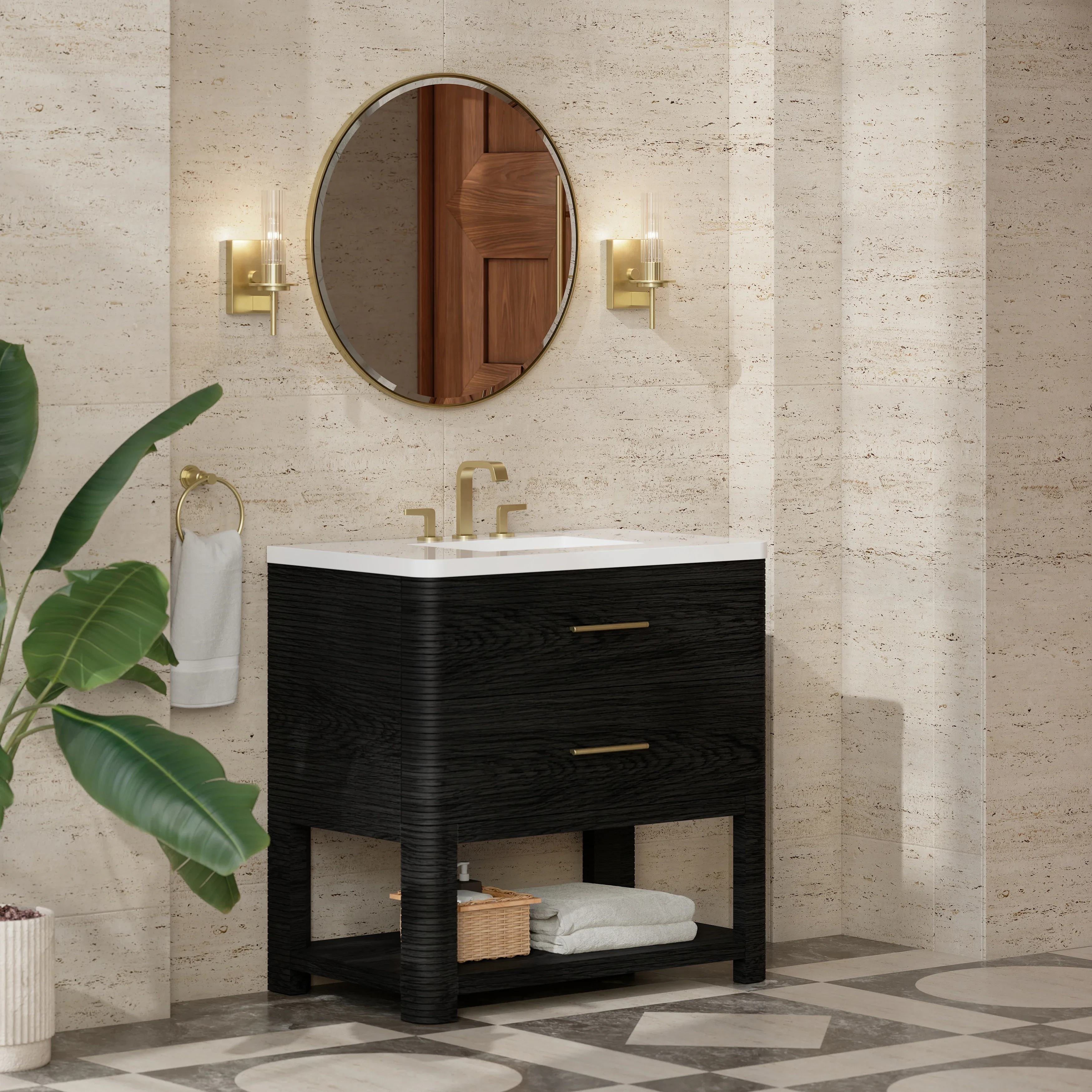 Lucian 36" Single Vanity, Carbon Oak w/ 3 CM White Zeus Silestone Widespread Top