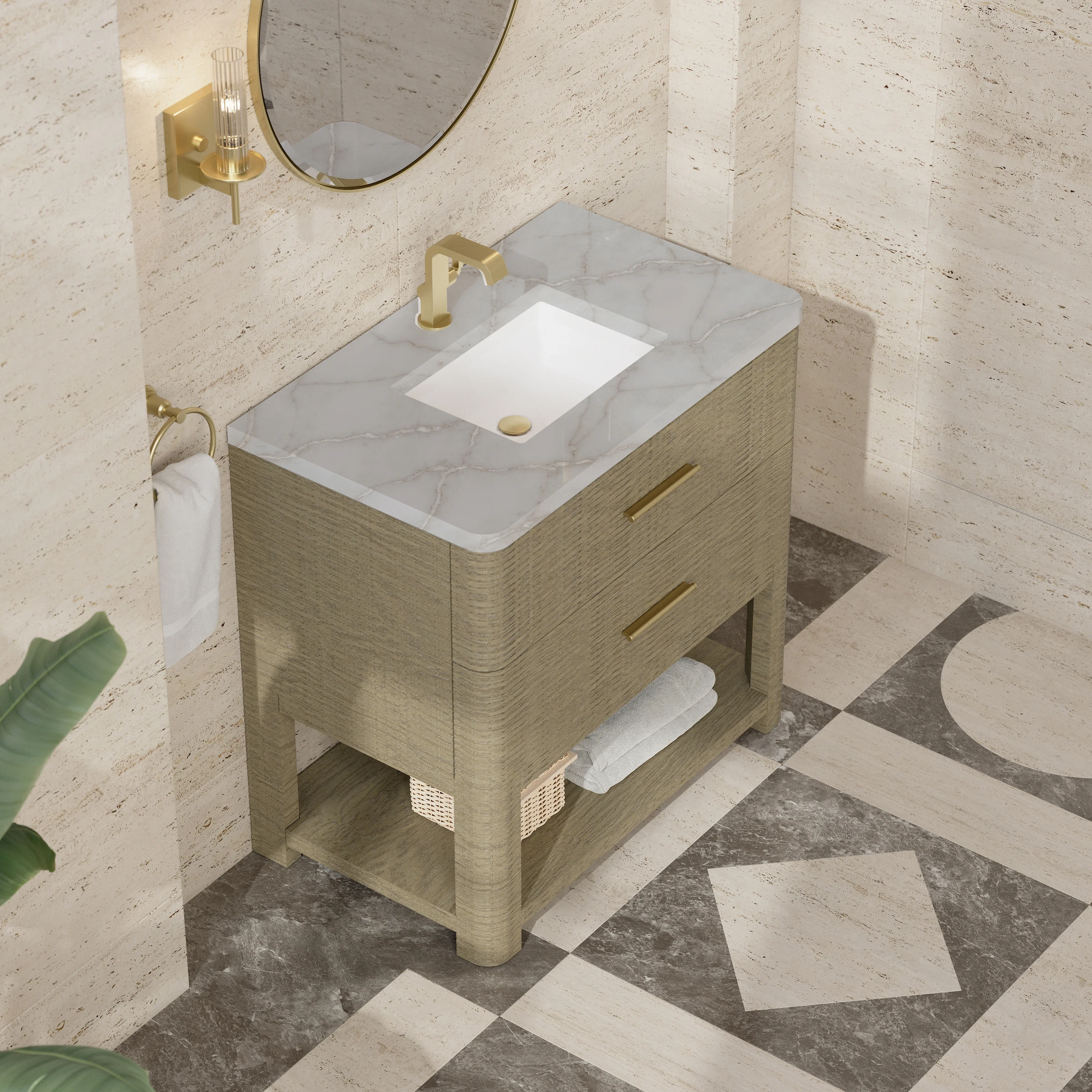 Lucian 36" Single Vanity, Pebble Oak w/ 3 CM Victorian Silver Silestone Top