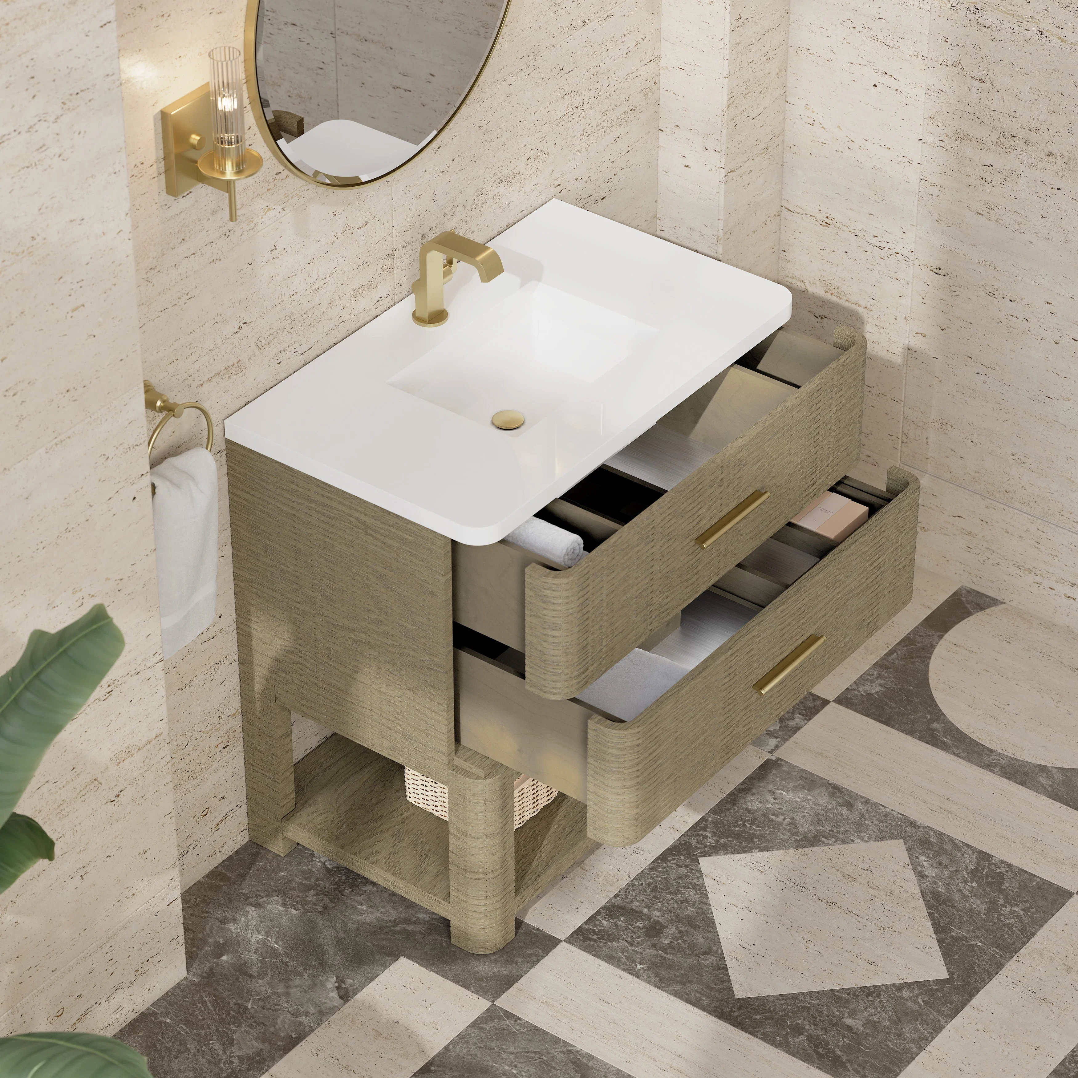 Lucian 36" Single Vanity, Pebble Oak w/ 3 CM White Zeus Silestone Top