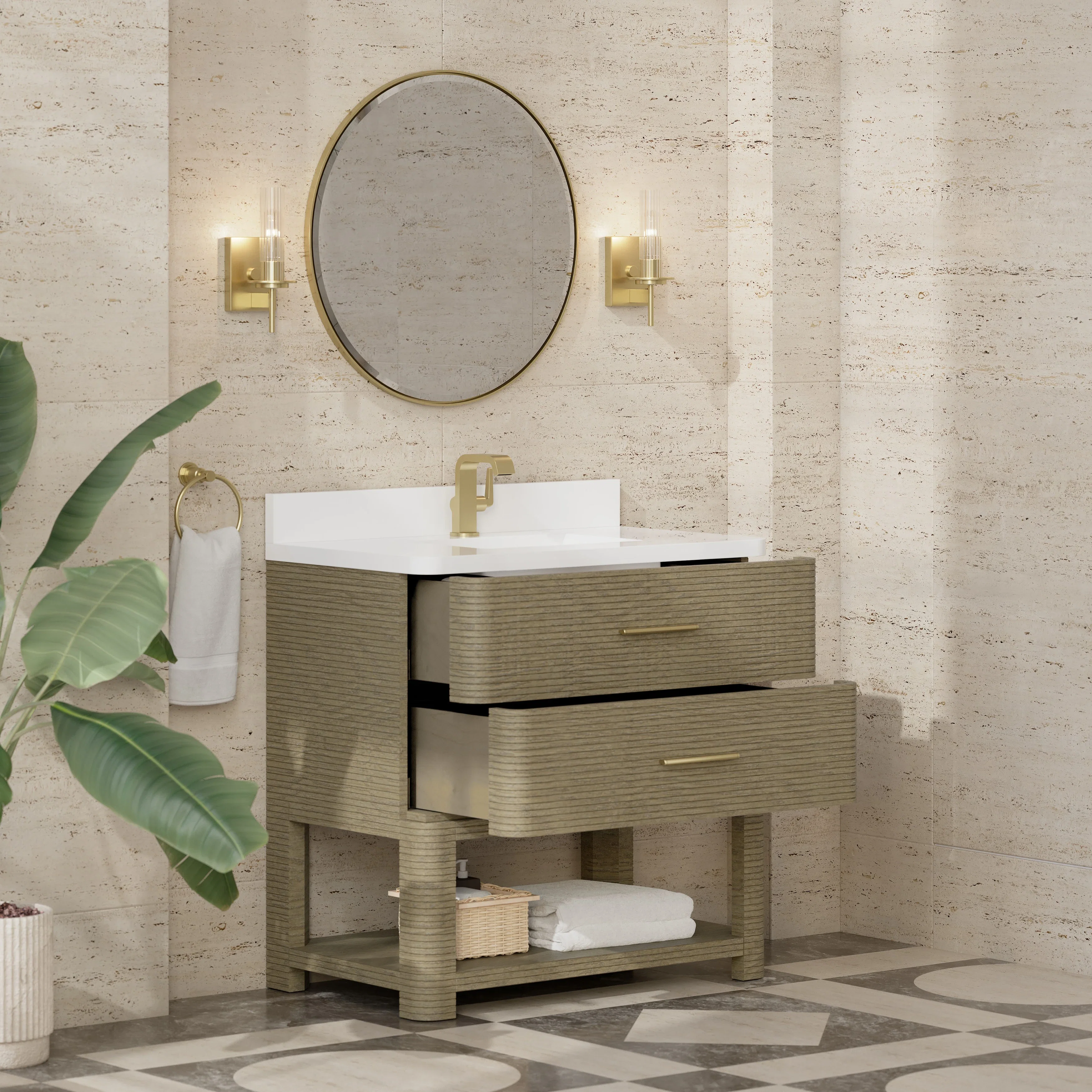Lucian 36" Single Vanity, Pebble Oak w/ 3 CM White Zeus Silestone Top