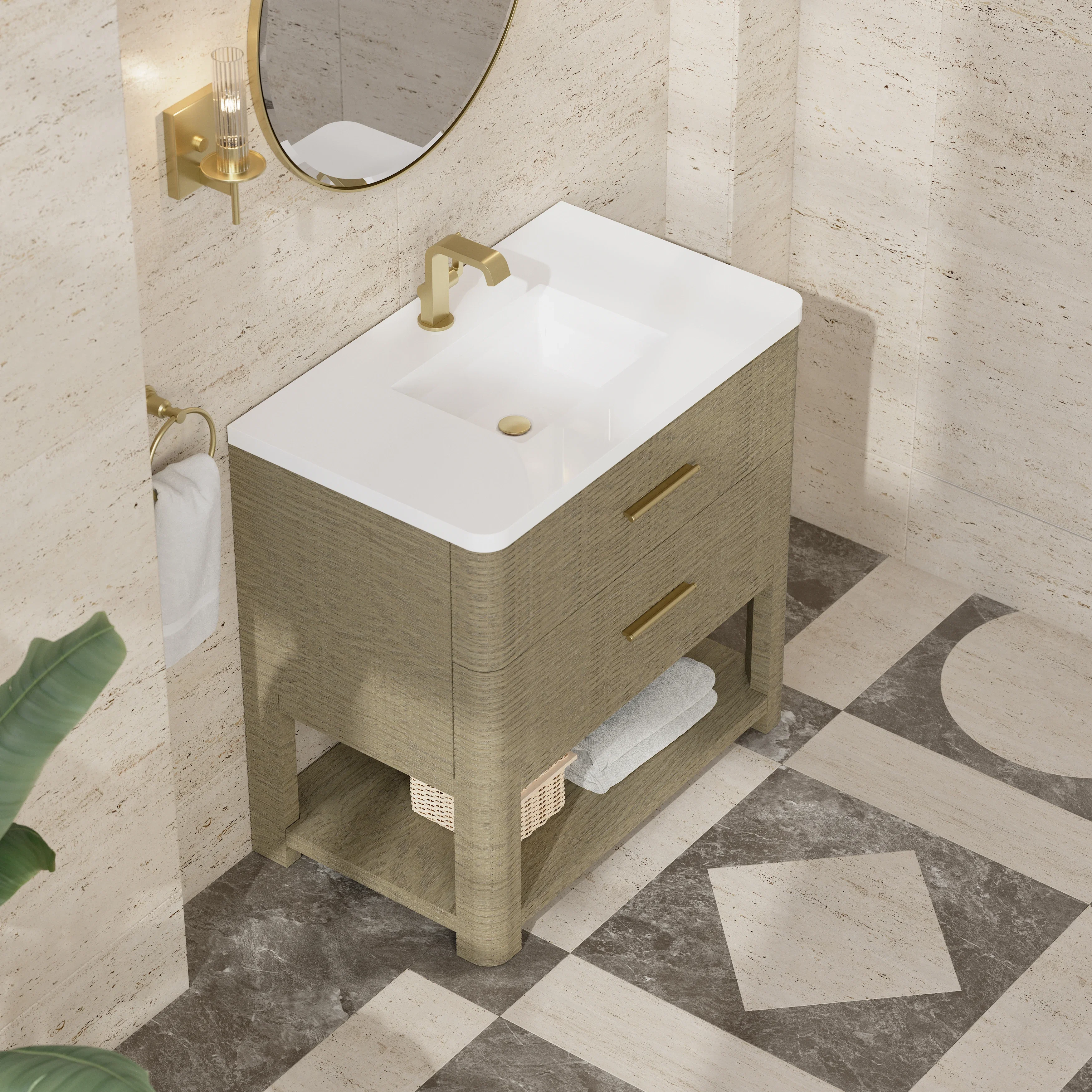 Lucian 36" Single Vanity, Pebble Oak w/ 3 CM White Zeus Silestone Top