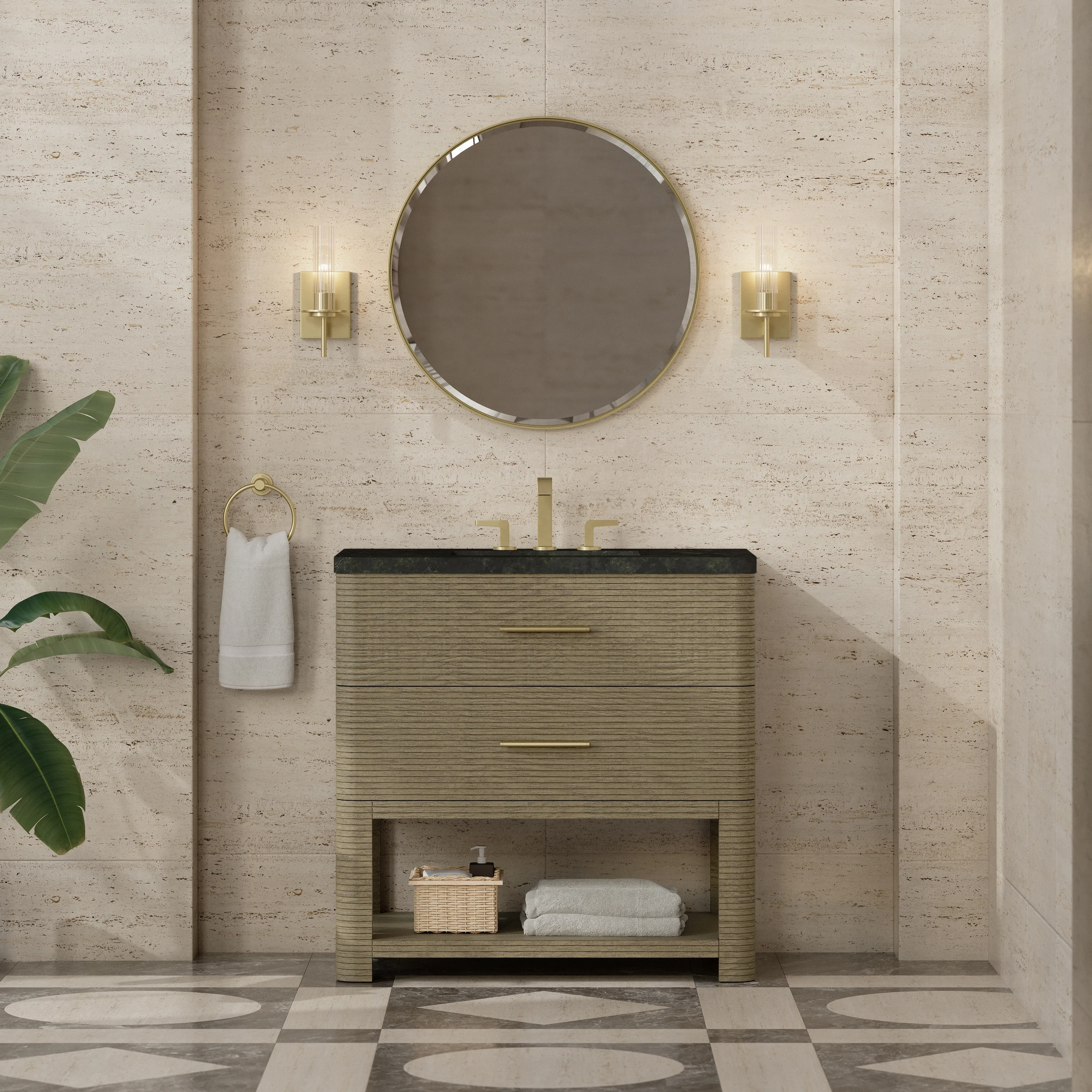 Lucian 36" Single Vanity, Pebble Oak, w/ 3 CM Phantome Eclos Widespread Top