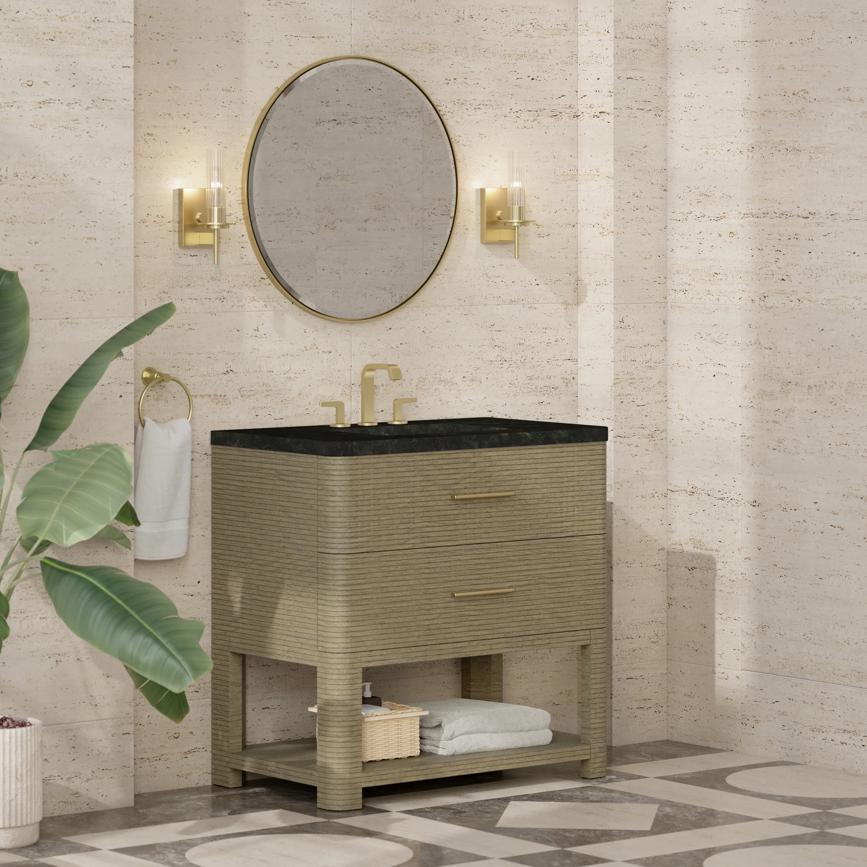 Lucian 36" Single Vanity, Pebble Oak, w/ 3 CM Phantome Eclos Widespread Top