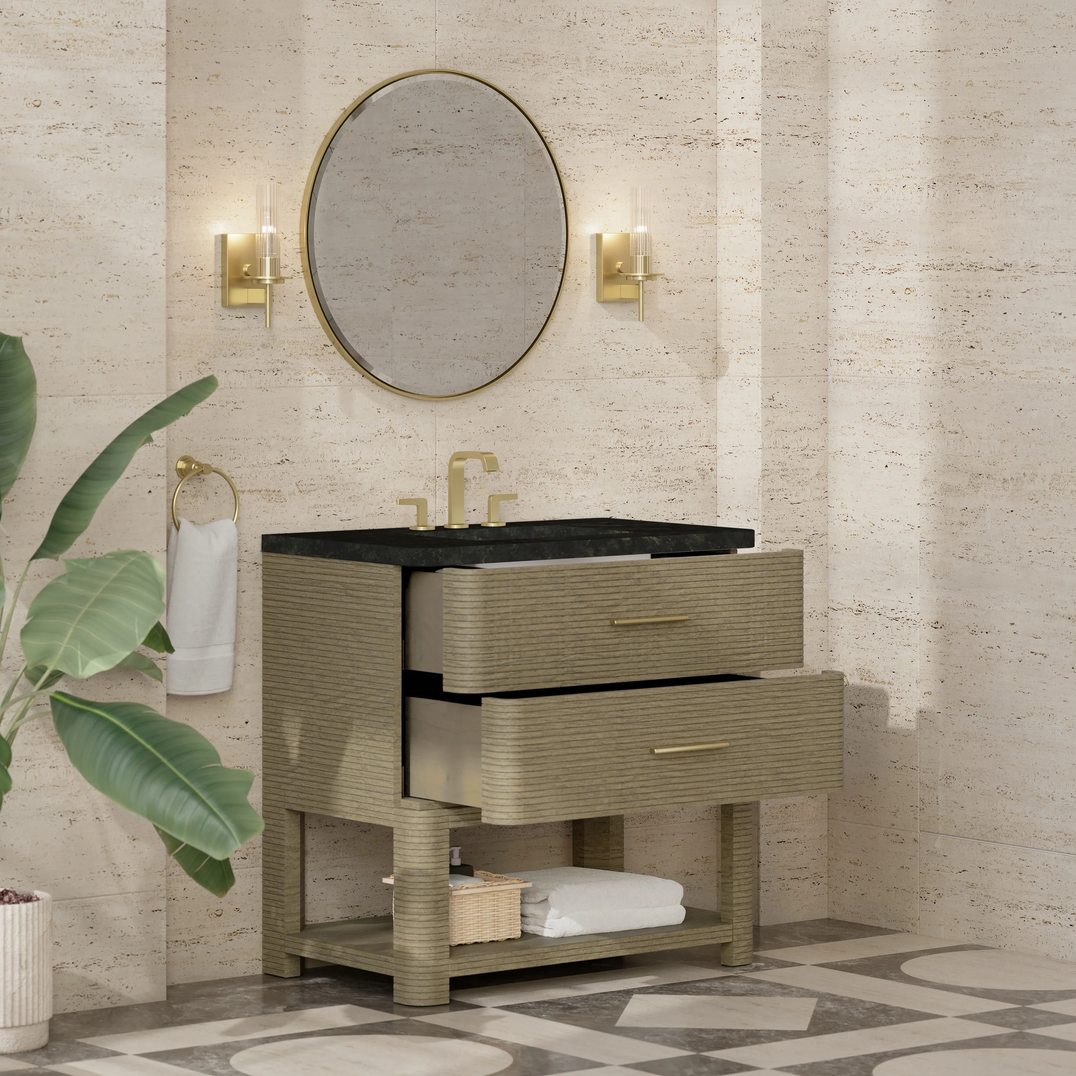 Lucian 36" Single Vanity, Pebble Oak, w/ 3 CM Phantome Eclos Widespread Top