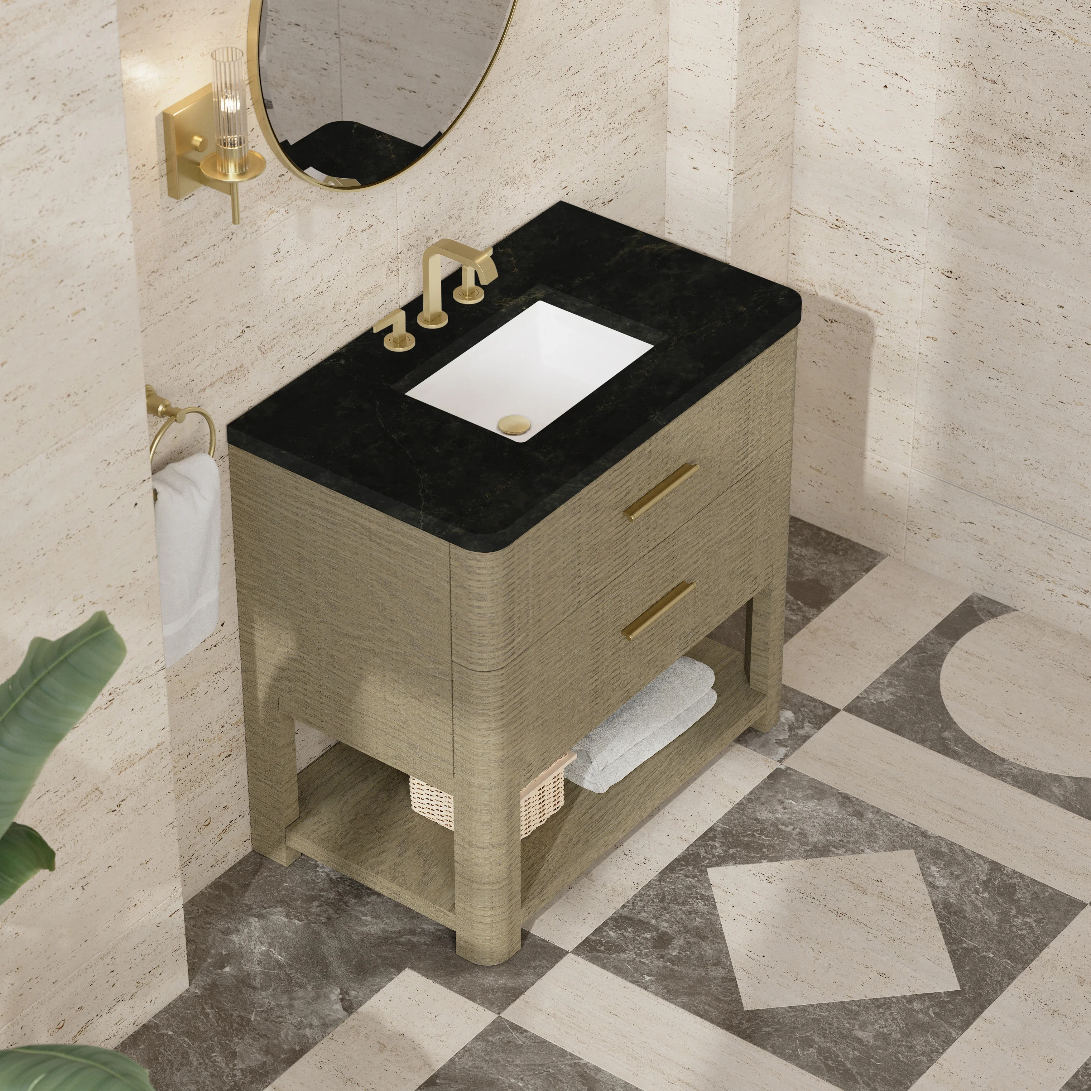 Lucian 36" Single Vanity, Pebble Oak, w/ 3 CM Phantome Eclos Widespread Top