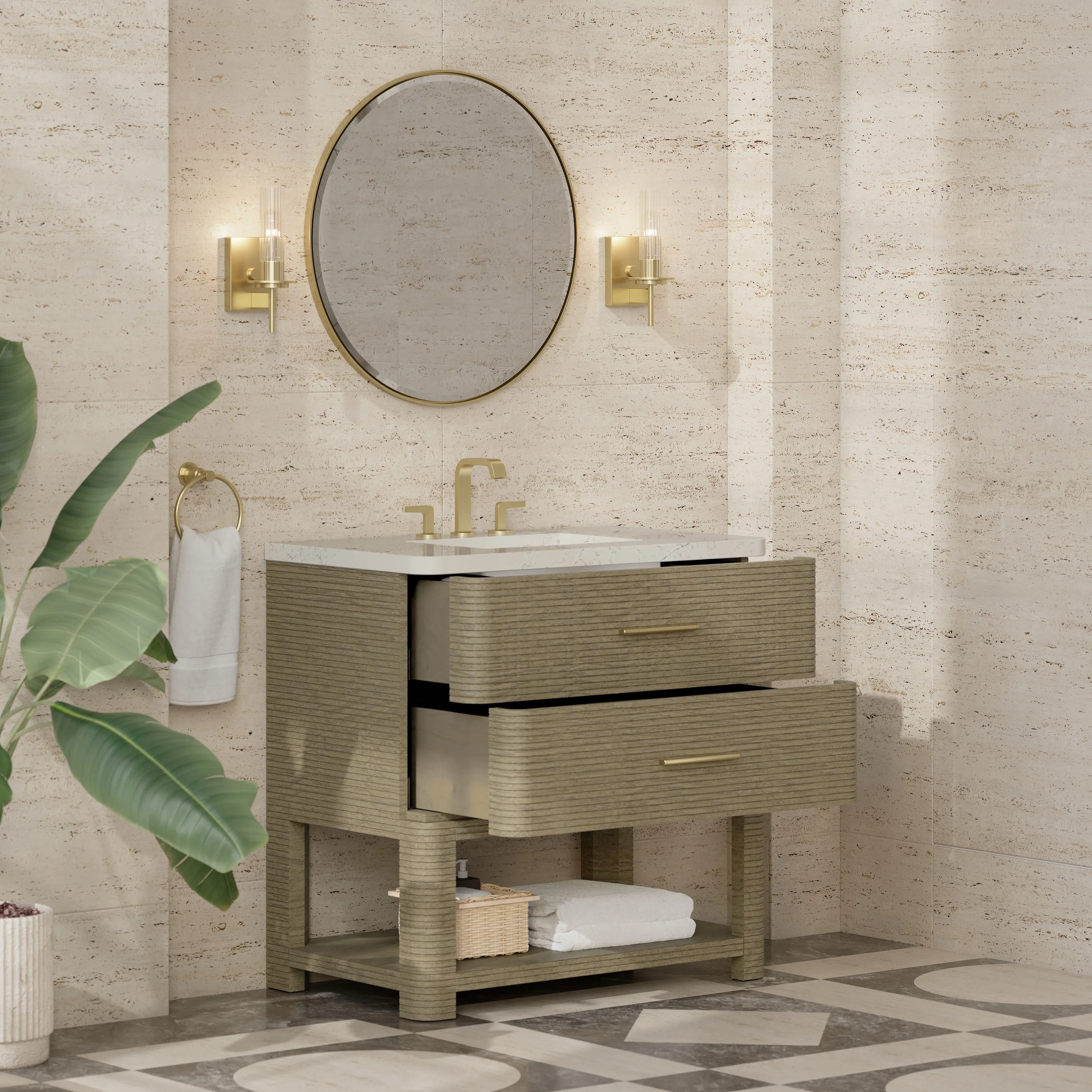 Lucian 36" Single Vanity, Pebble Oak, w/ 3 CM Siberian Silestone Widespread Top