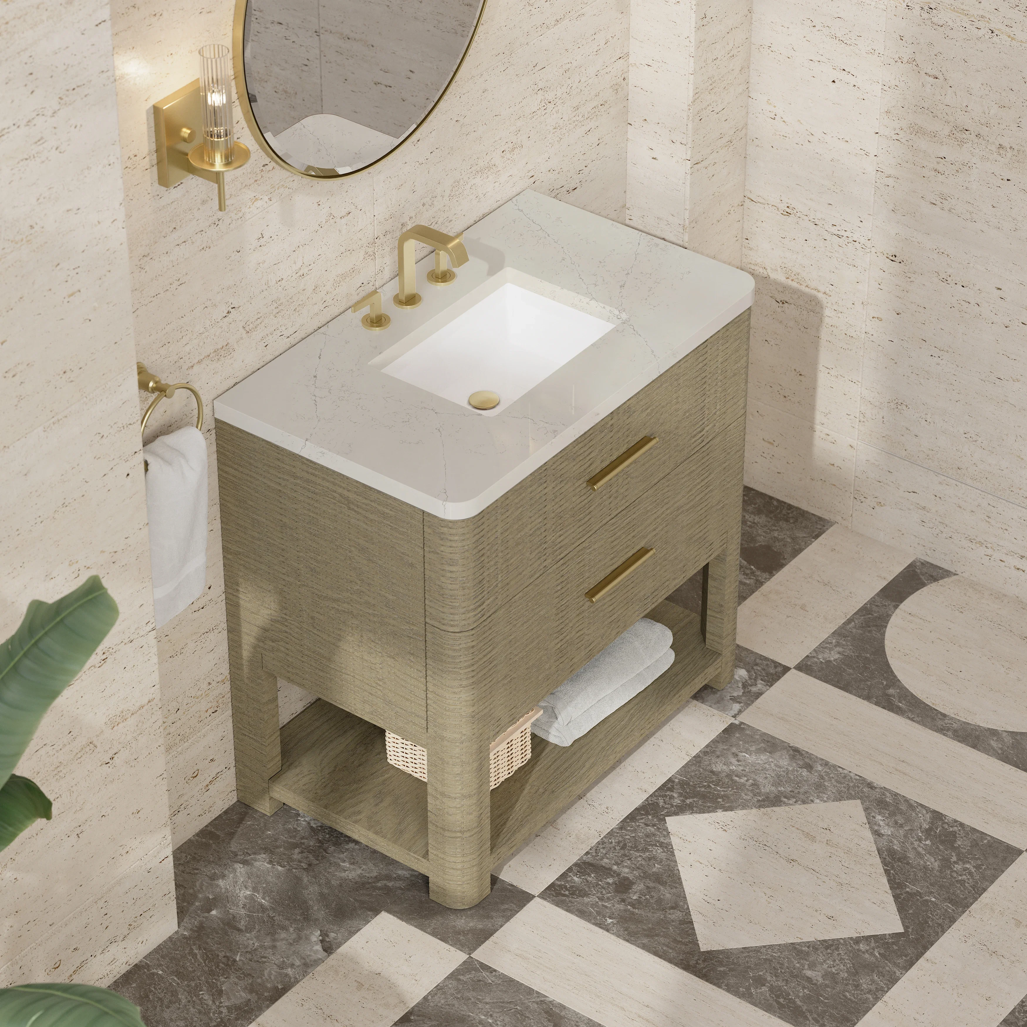 Lucian 36" Single Vanity, Pebble Oak, w/ 3 CM Siberian Silestone Widespread Top