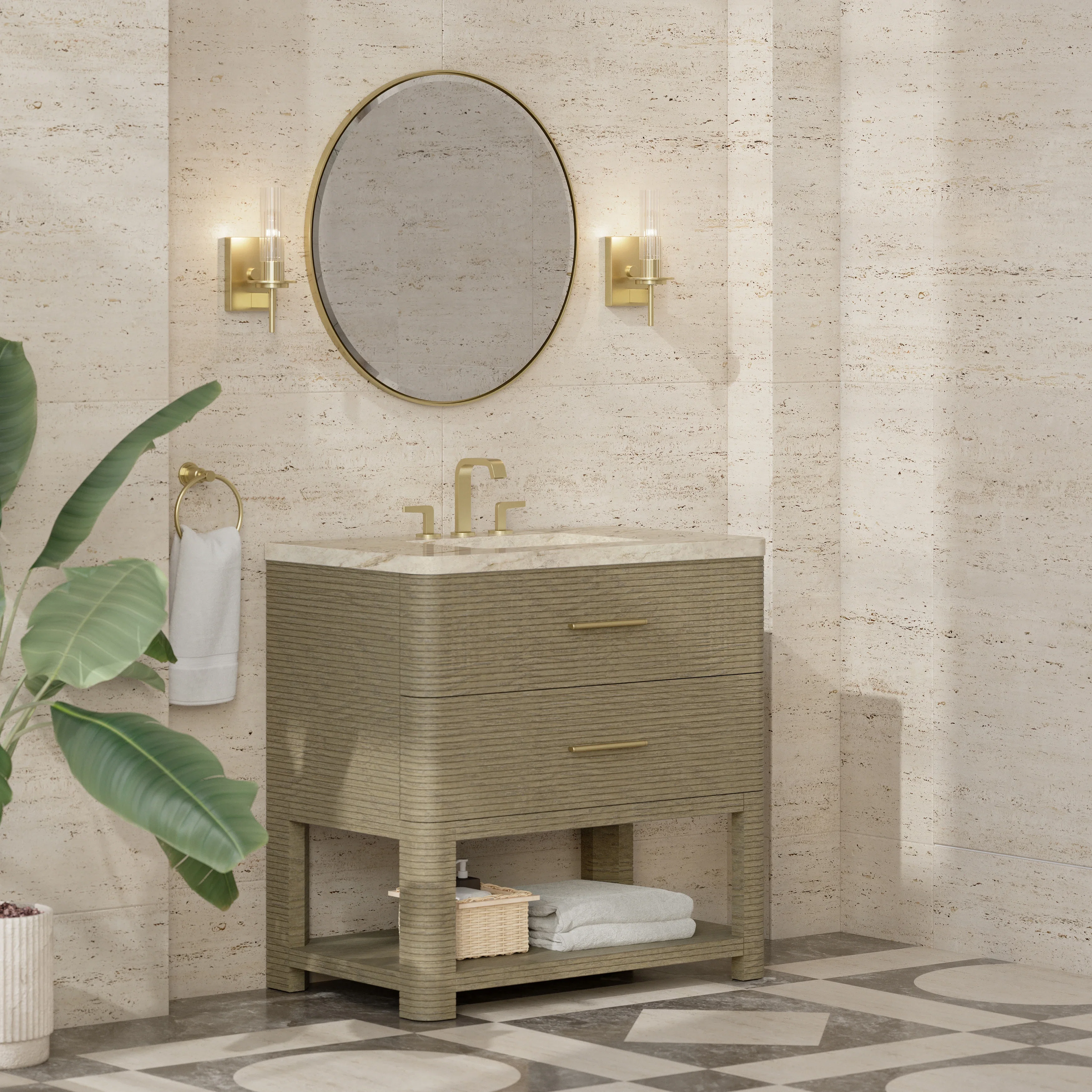 Lucian 36" Single Vanity, Pebble Oak, w/ 3 CM Tajnar Eclos Widespread Top