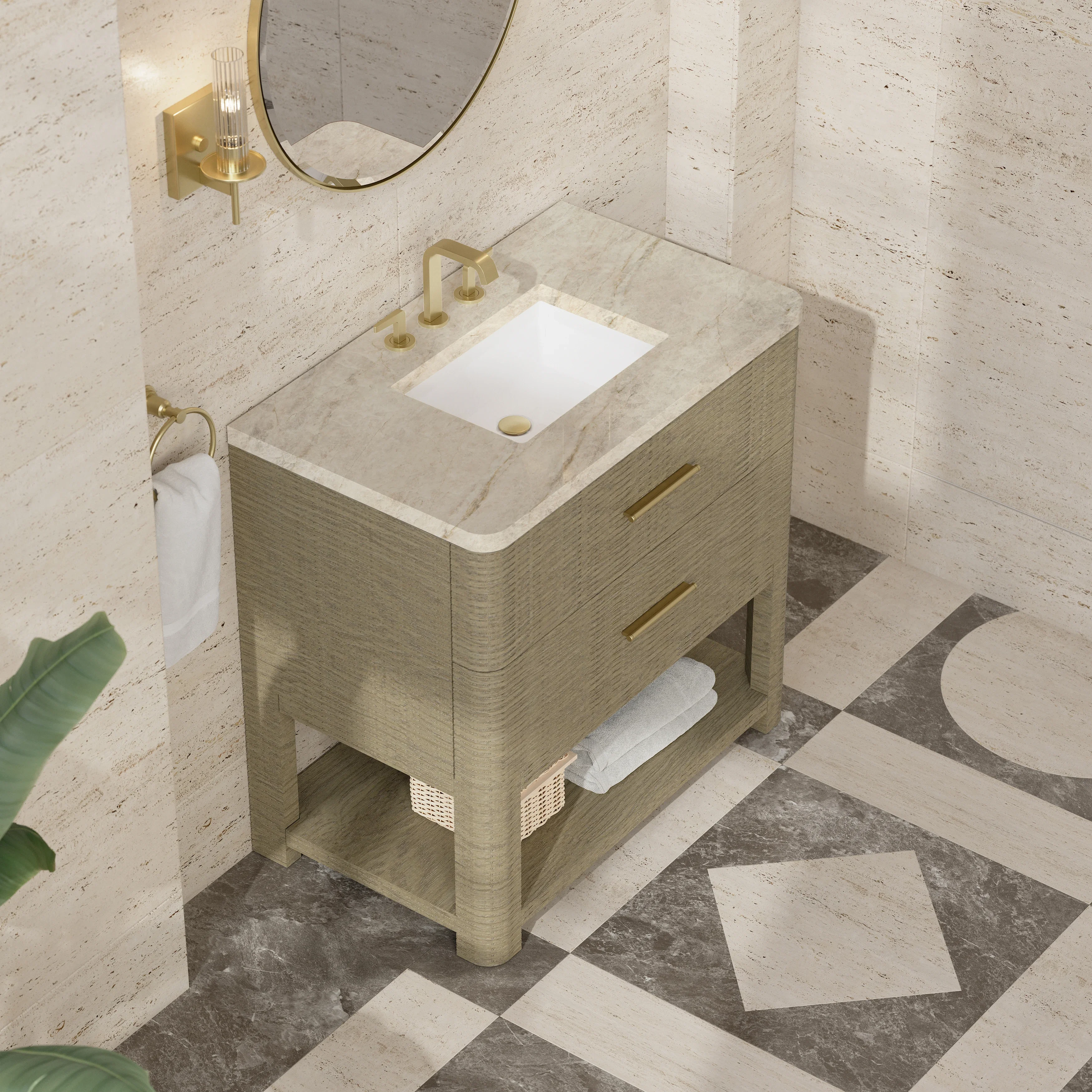 Lucian 36" Single Vanity, Pebble Oak, w/ 3 CM Tajnar Eclos Widespread Top