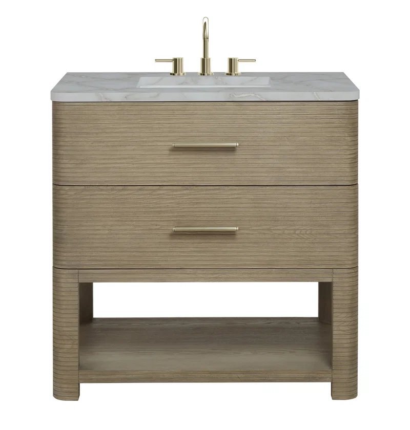 Lucian 36" Single Vanity, Pebble Oak w/ 3 CM Victorian Silver Silestone Widespread Top