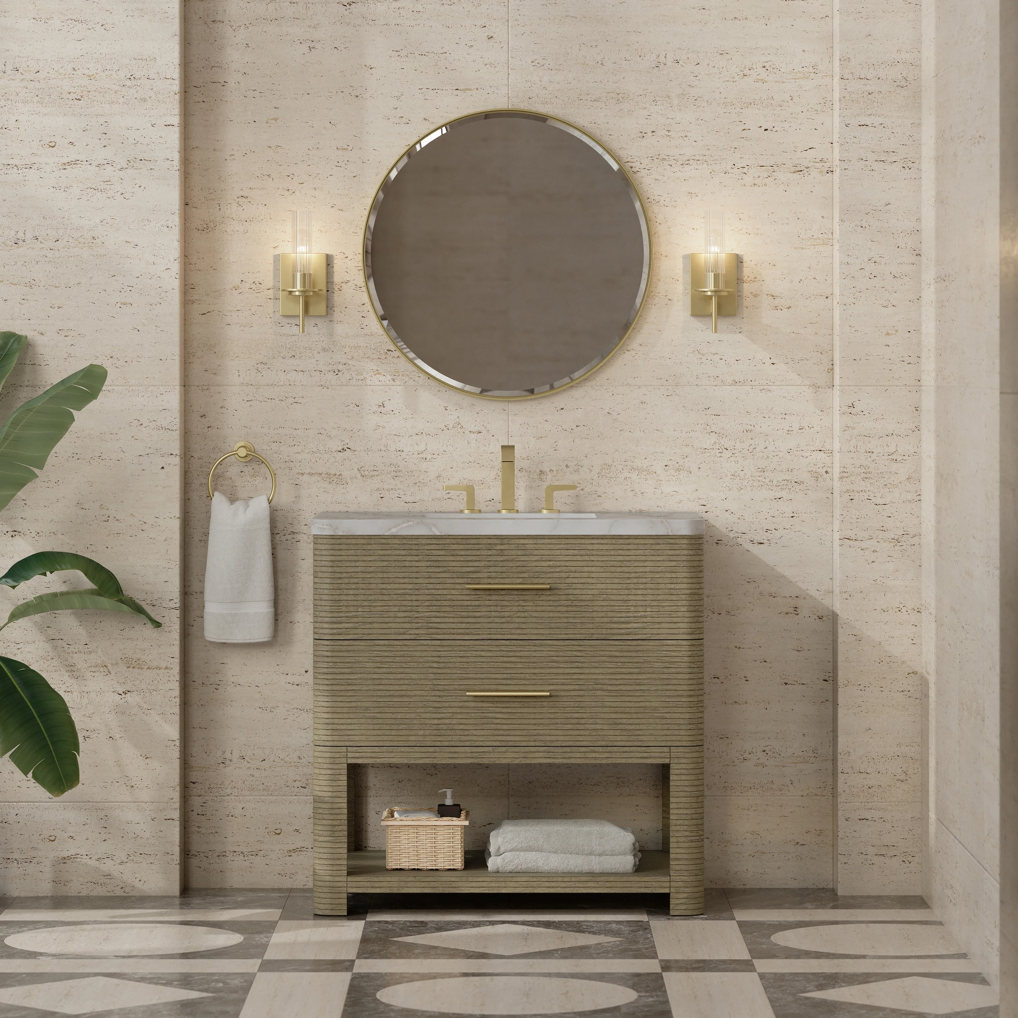 Lucian 36" Single Vanity, Pebble Oak w/ 3 CM Victorian Silver Silestone Widespread Top