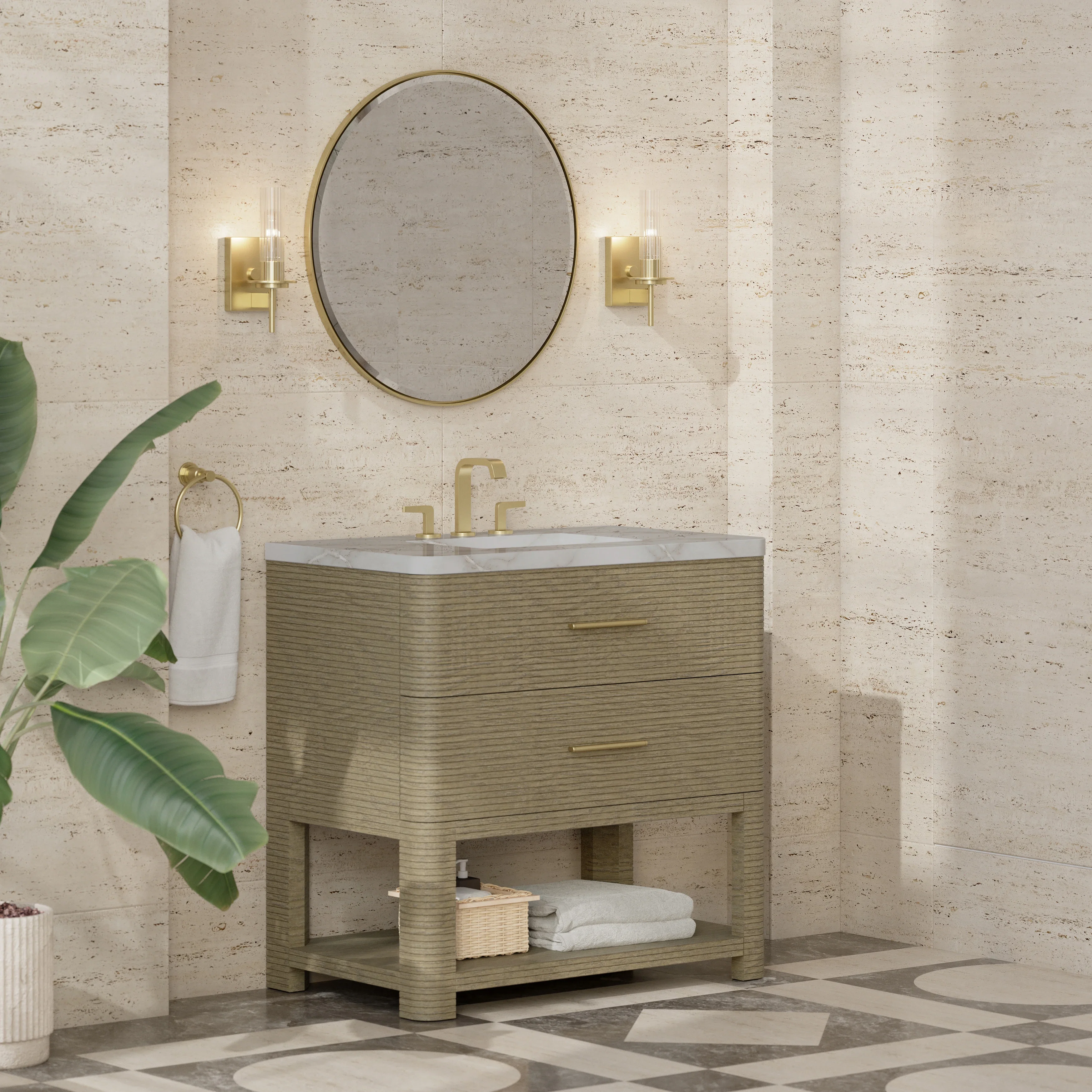 Lucian 36" Single Vanity, Pebble Oak w/ 3 CM Victorian Silver Silestone Widespread Top