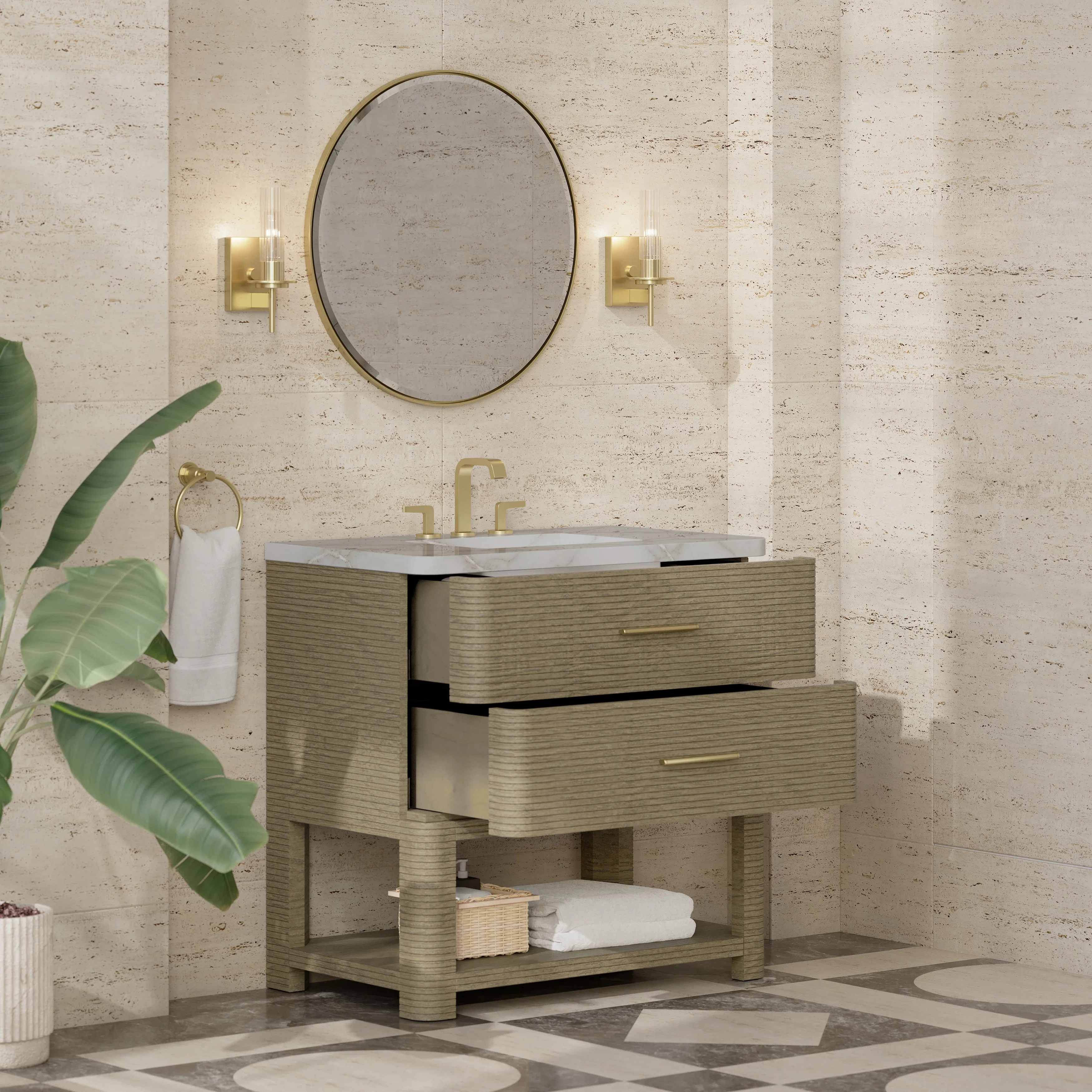 Lucian 36" Single Vanity, Pebble Oak w/ 3 CM Victorian Silver Silestone Widespread Top