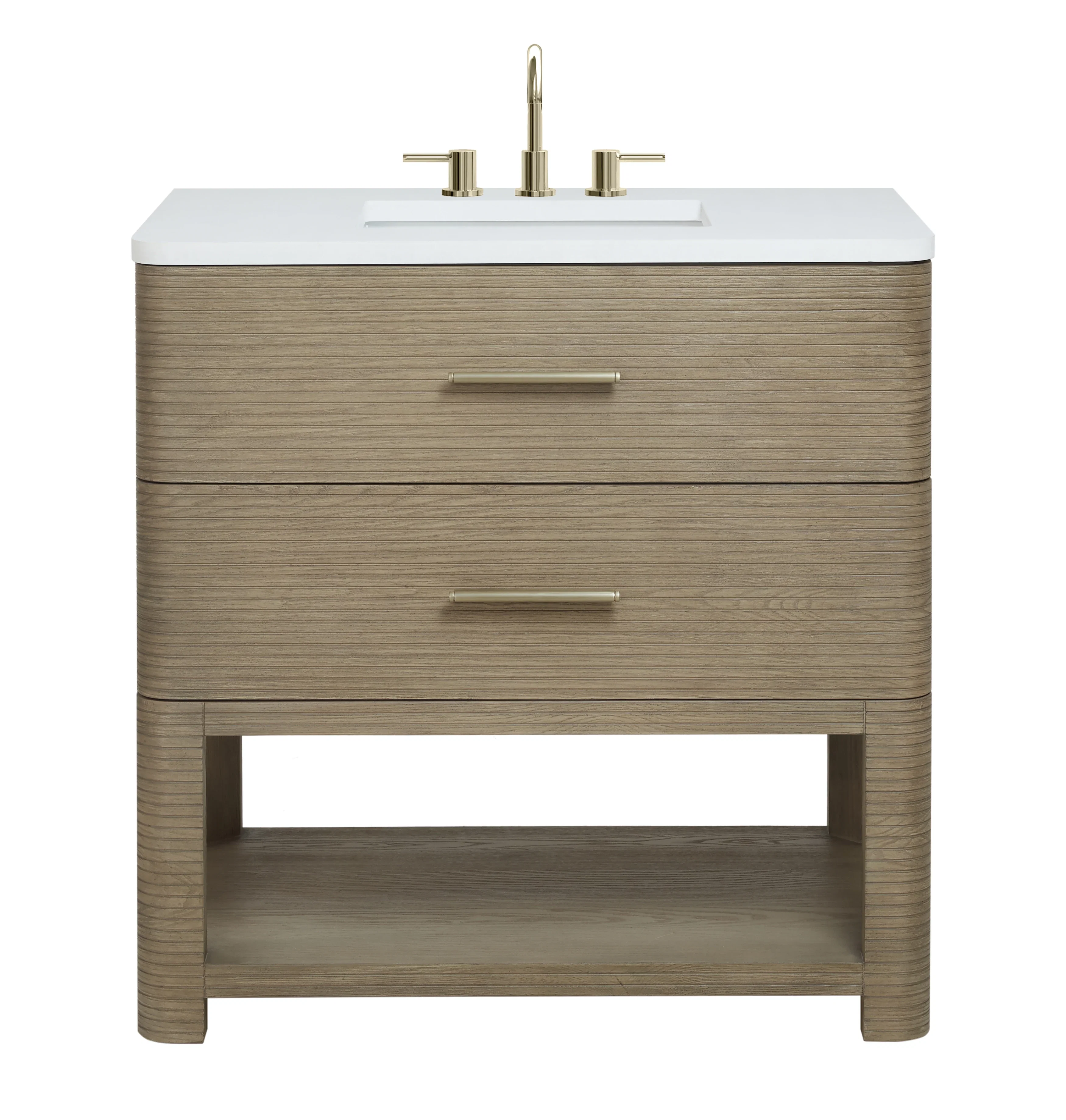 Lucian 36" Single Vanity, Pebble Oak w/ 3 CM White Zeus Silestone Widespread Top