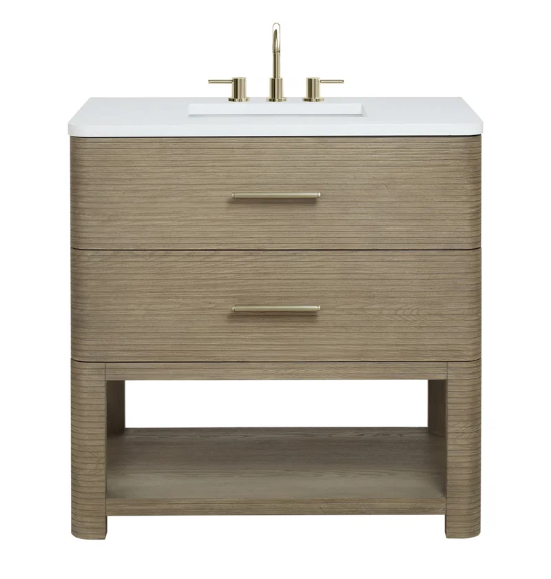 Lucian 36" Single Vanity, Pebble Oak w/ 3 CM White Zeus Silestone Widespread Top