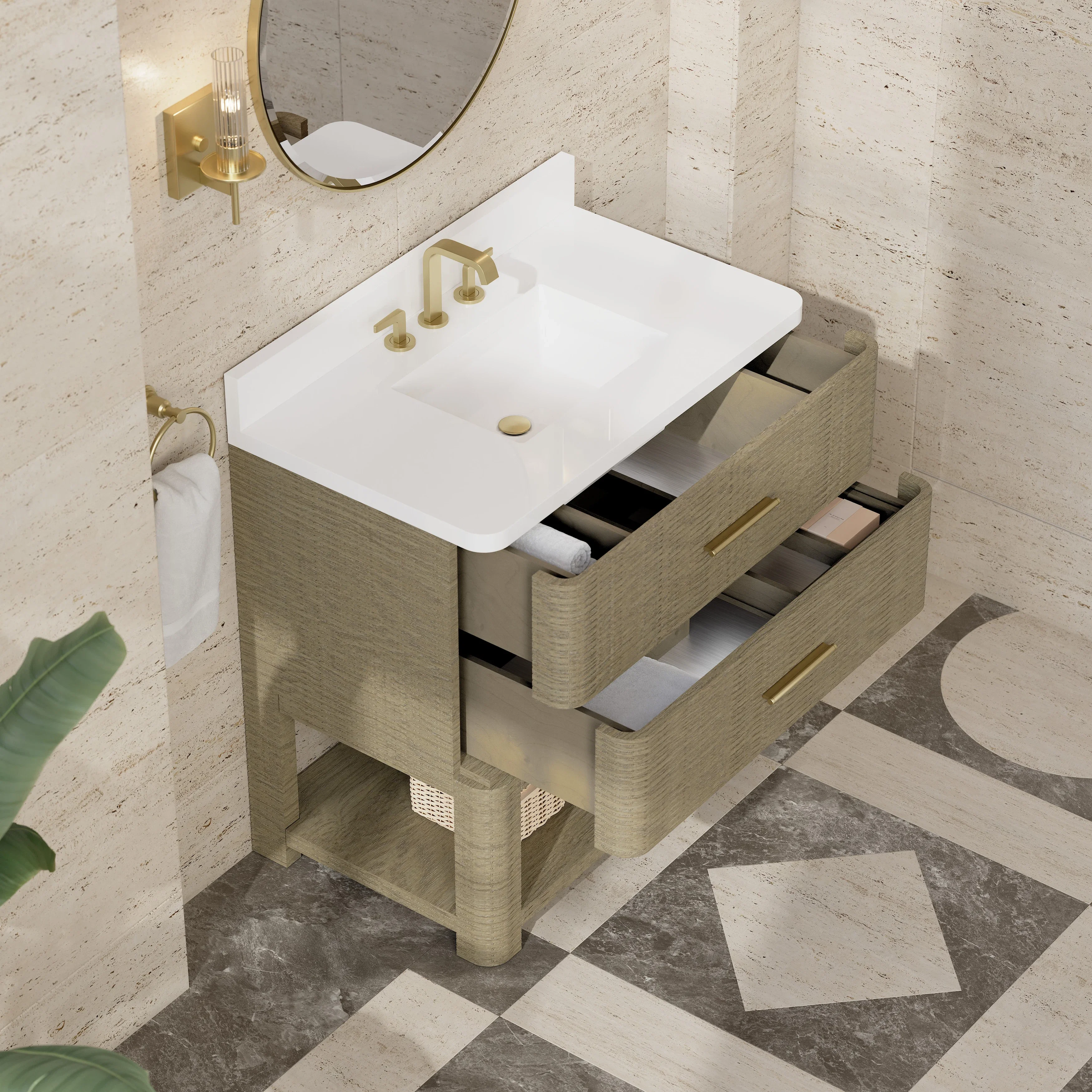 Lucian 36" Single Vanity, Pebble Oak w/ 3 CM White Zeus Silestone Widespread Top