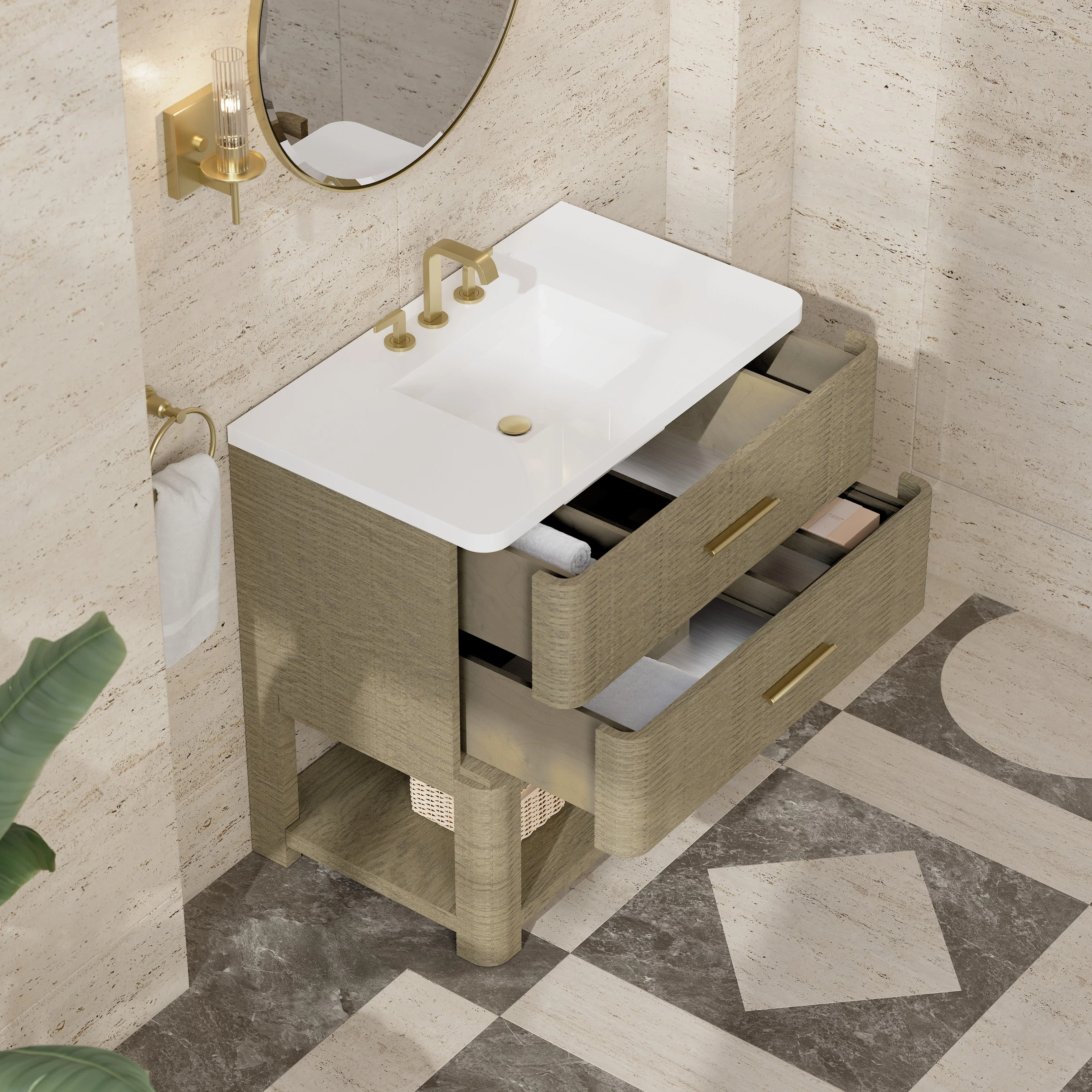 Lucian 36" Single Vanity, Pebble Oak w/ 3 CM White Zeus Silestone Widespread Top