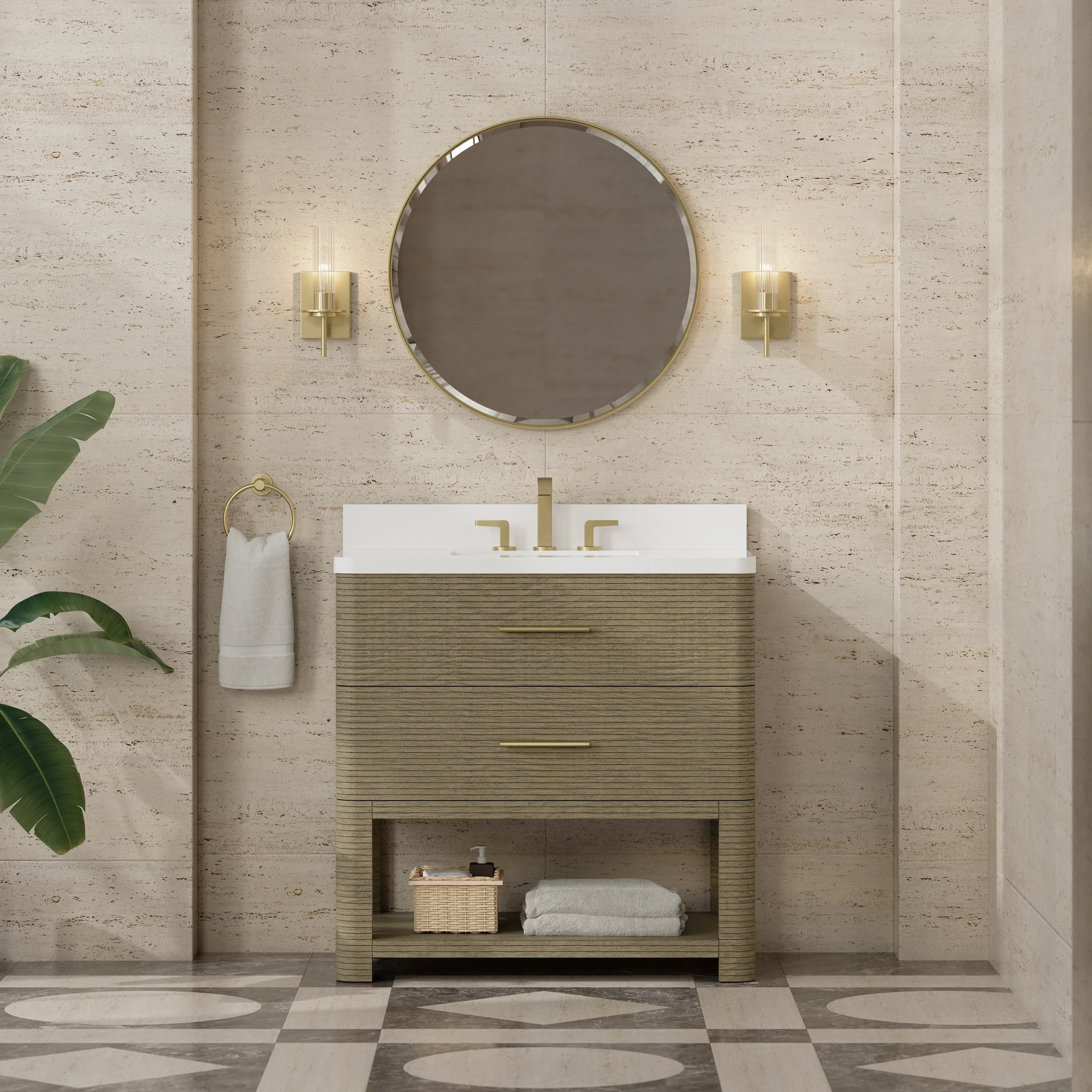 Lucian 36" Single Vanity, Pebble Oak w/ 3 CM White Zeus Silestone Widespread Top