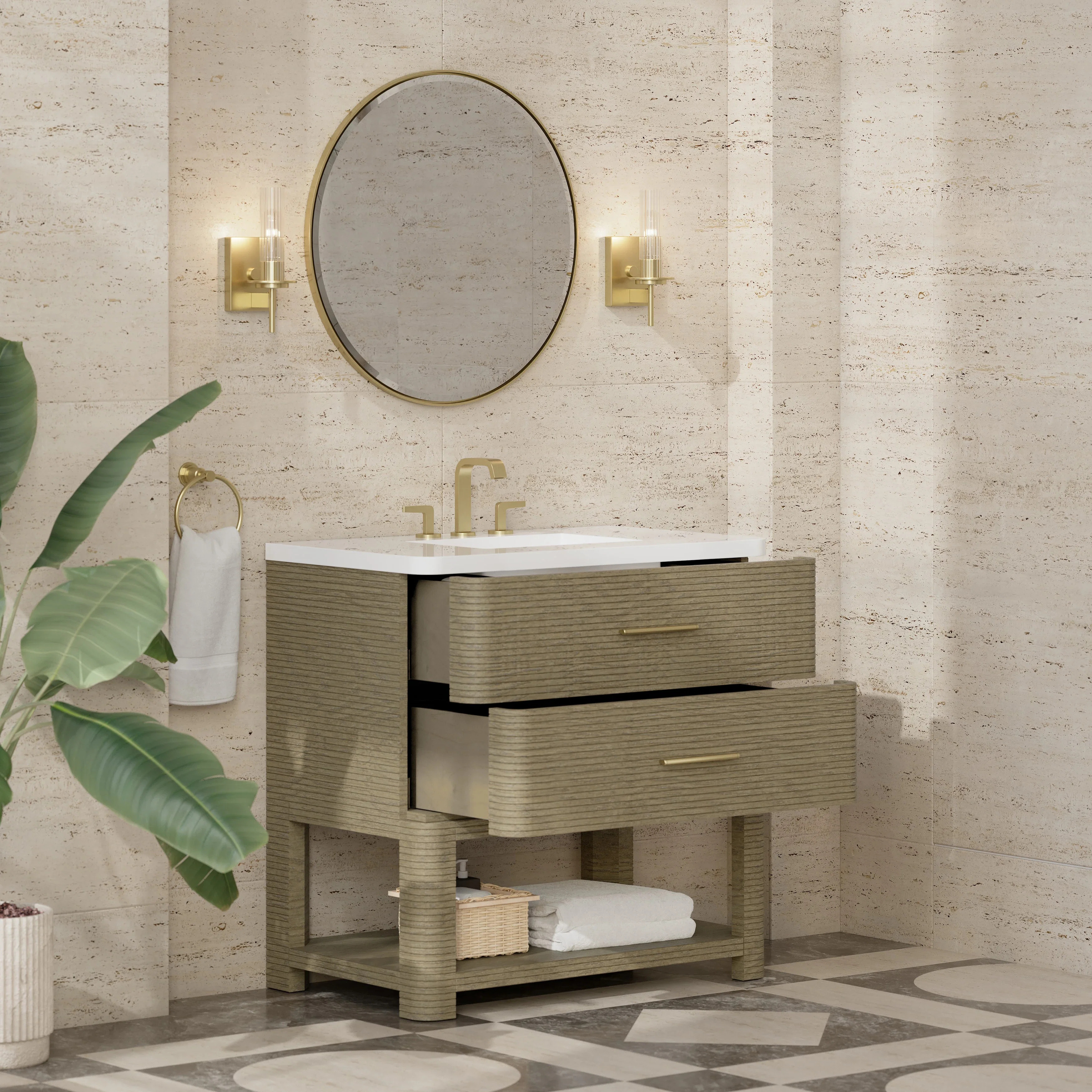 Lucian 36" Single Vanity, Pebble Oak w/ 3 CM White Zeus Silestone Widespread Top