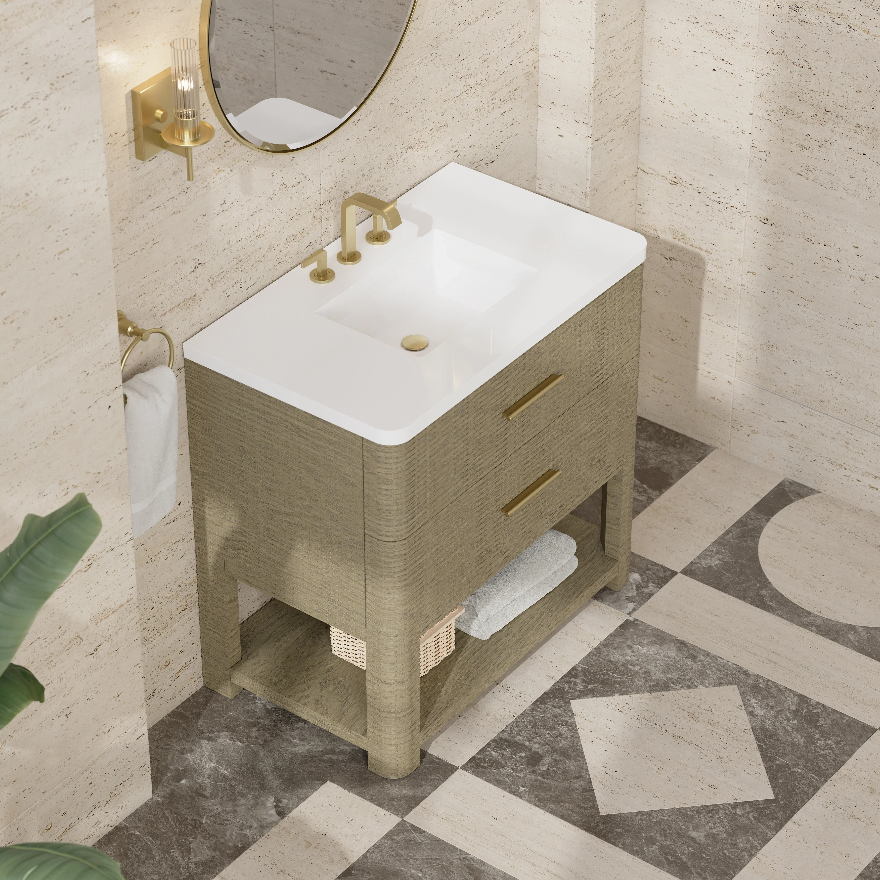 Lucian 36" Single Vanity, Pebble Oak w/ 3 CM White Zeus Silestone Widespread Top