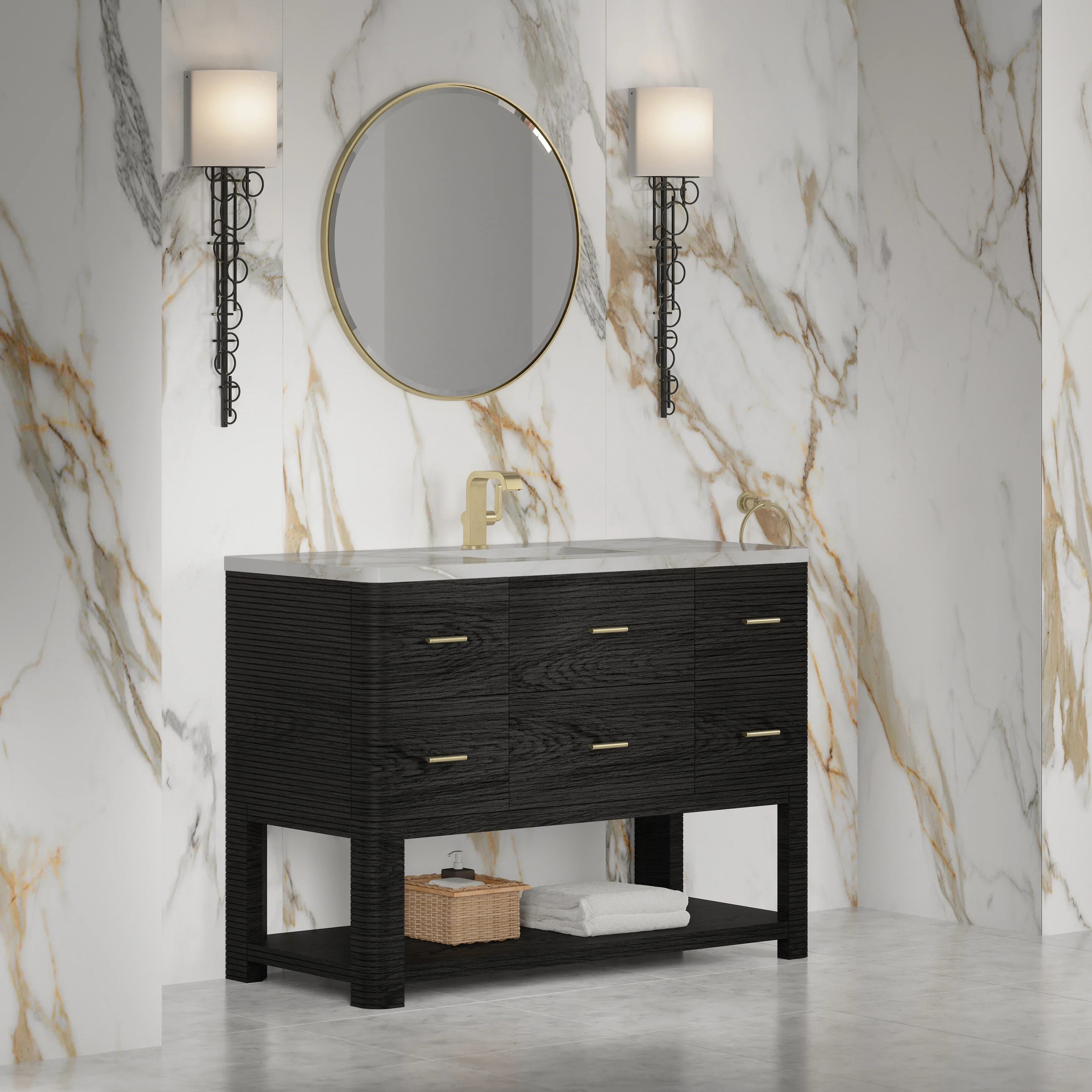Lucian 48" Single Vanity, Carbon Oak w/ 3 CM Victorian Silver Silestone Top