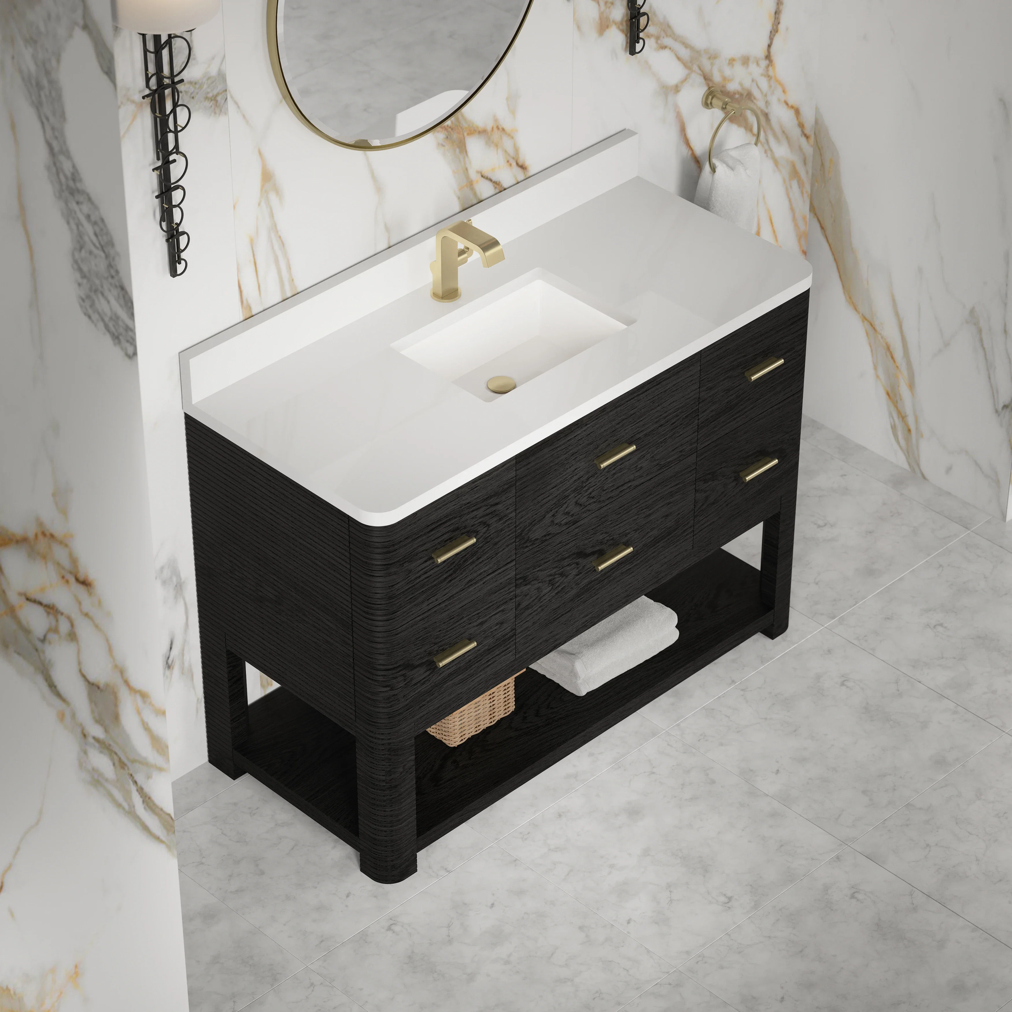 Lucian 48" Single Vanity, Carbon Oak w/ 3 CM White Zeus Silestone Top