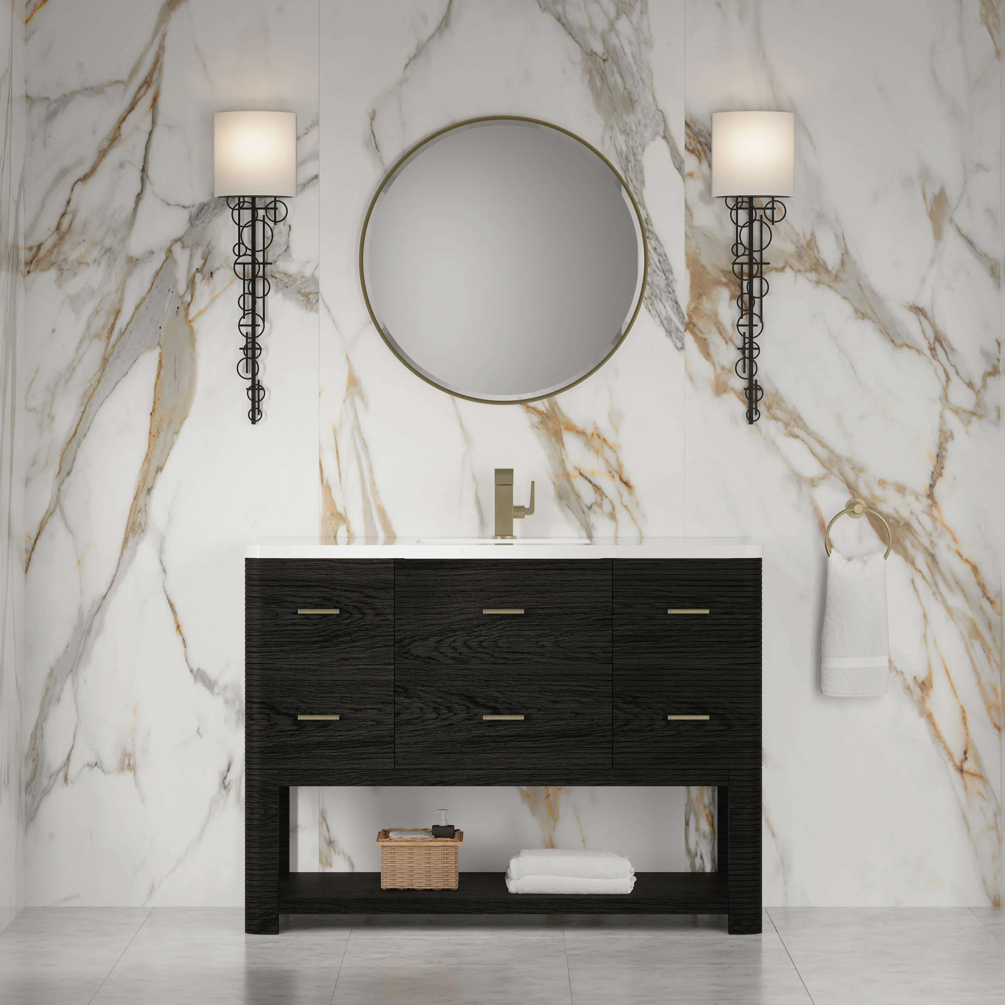 Lucian 48" Single Vanity, Carbon Oak w/ 3 CM White Zeus Silestone Top