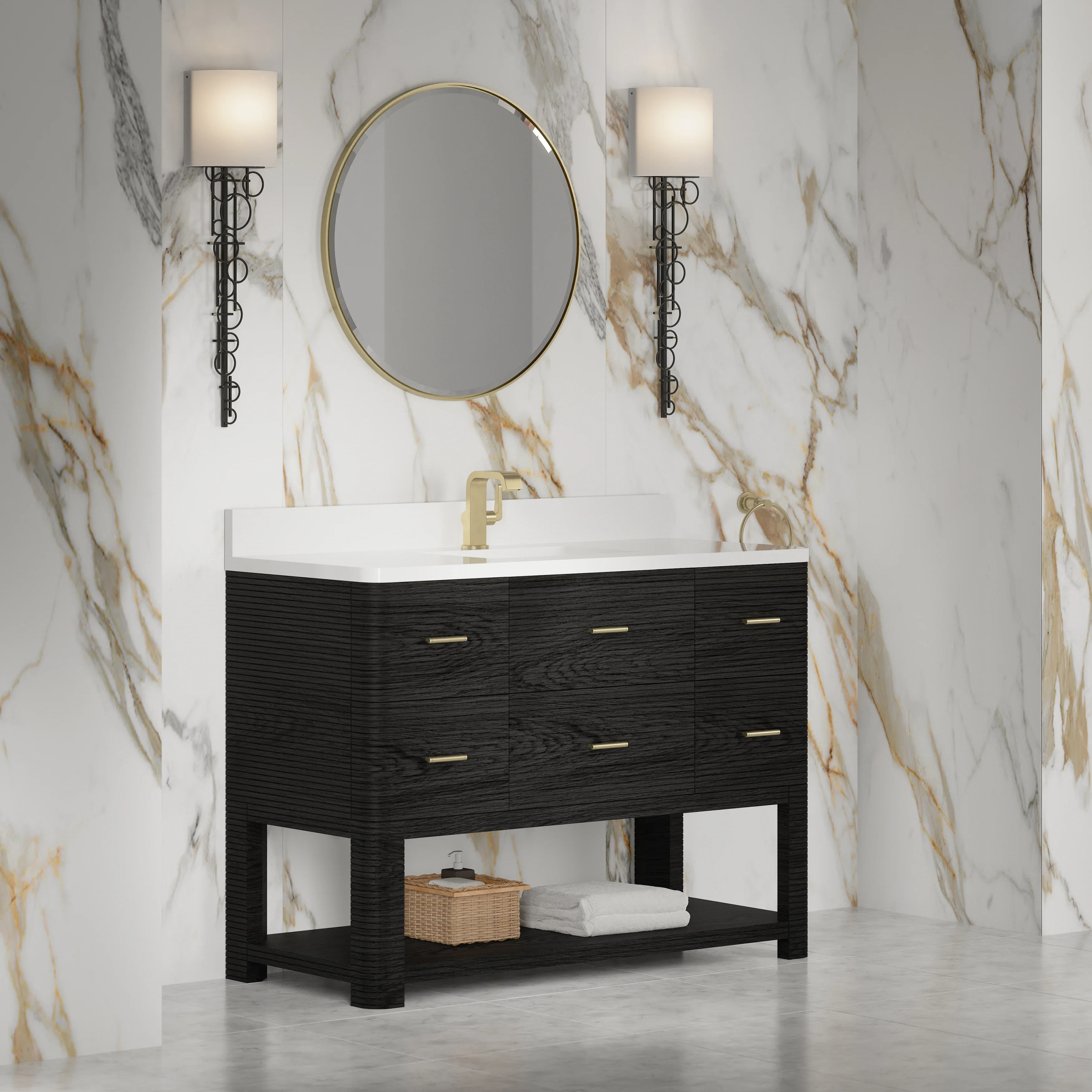 Lucian 48" Single Vanity, Carbon Oak w/ 3 CM White Zeus Silestone Top