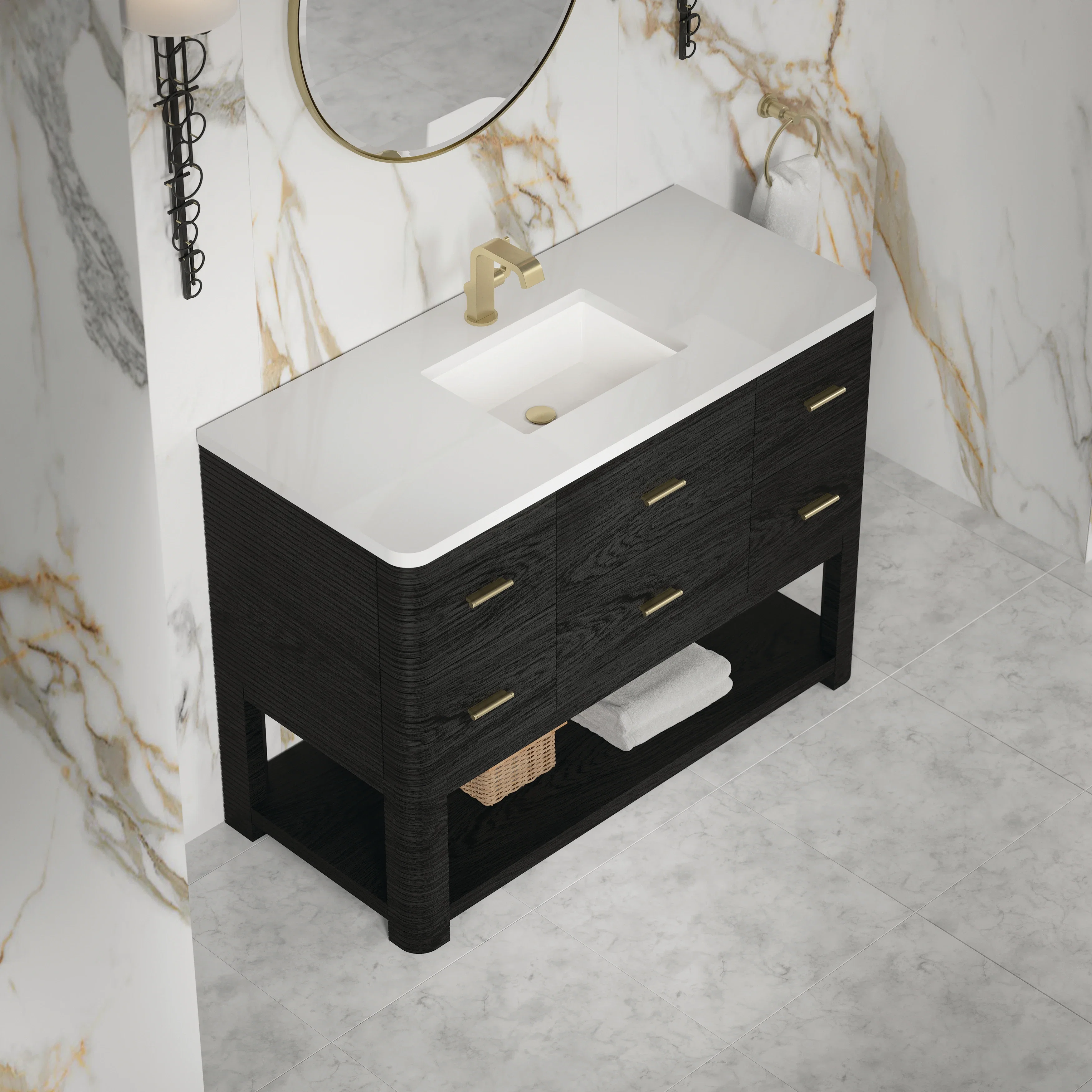 Lucian 48" Single Vanity, Carbon Oak w/ 3 CM White Zeus Silestone Top