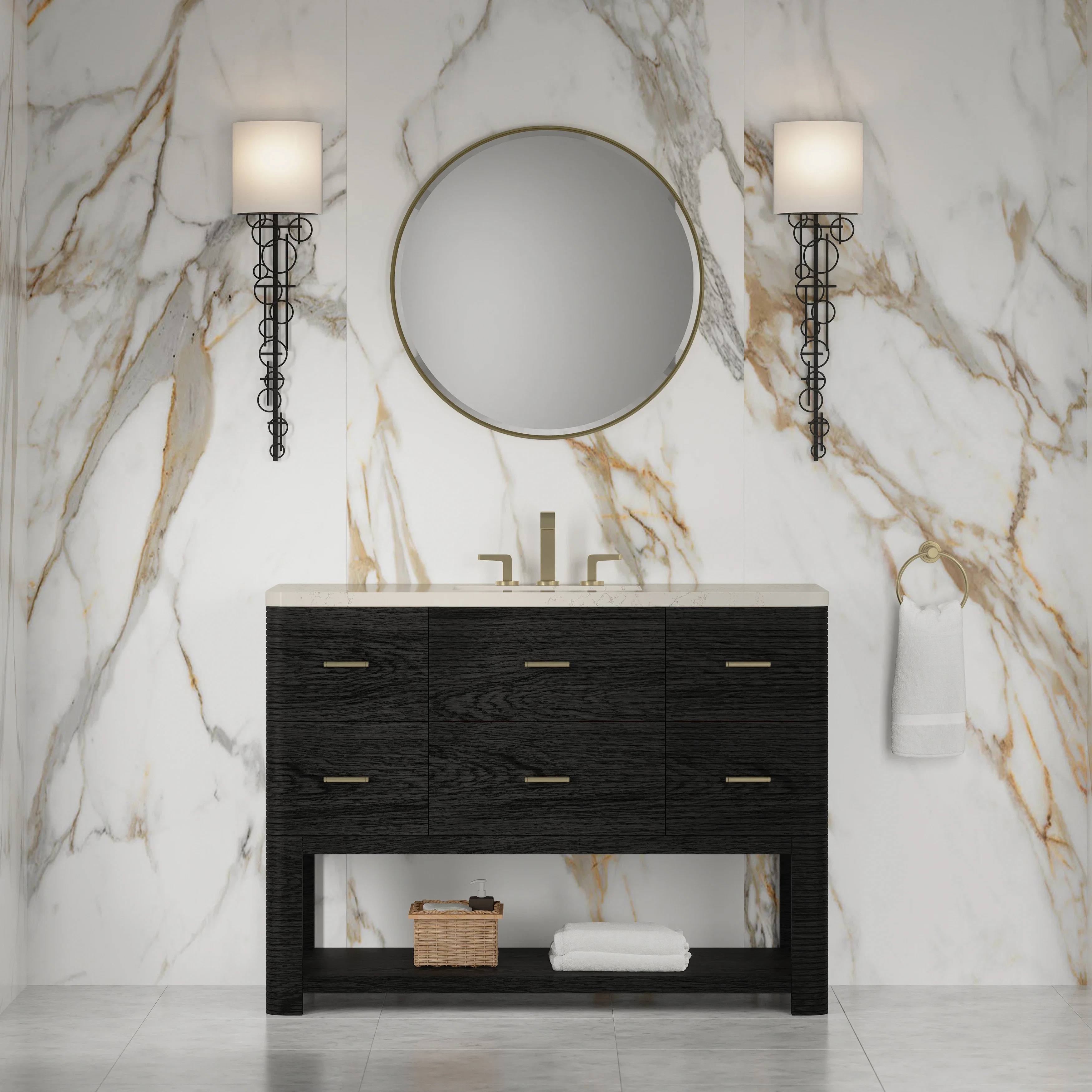 Lucian 48" Single Vanity, Carbon Oak, w/ 3 CM Siberian Silestone Top w/FreePower Wireless Charger