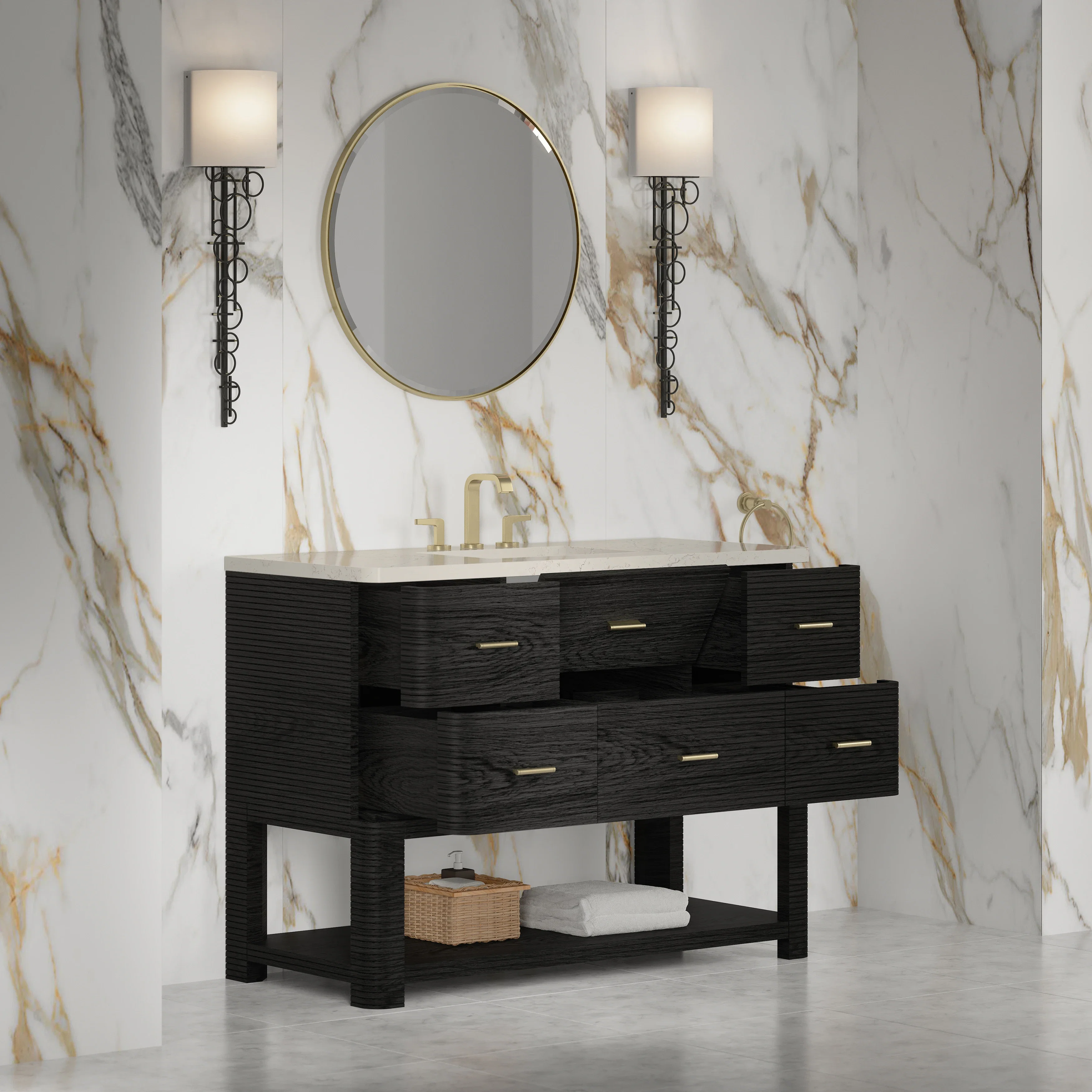 Lucian 48" Single Vanity, Carbon Oak, w/ 3 CM Siberian Silestone Top w/FreePower Wireless Charger