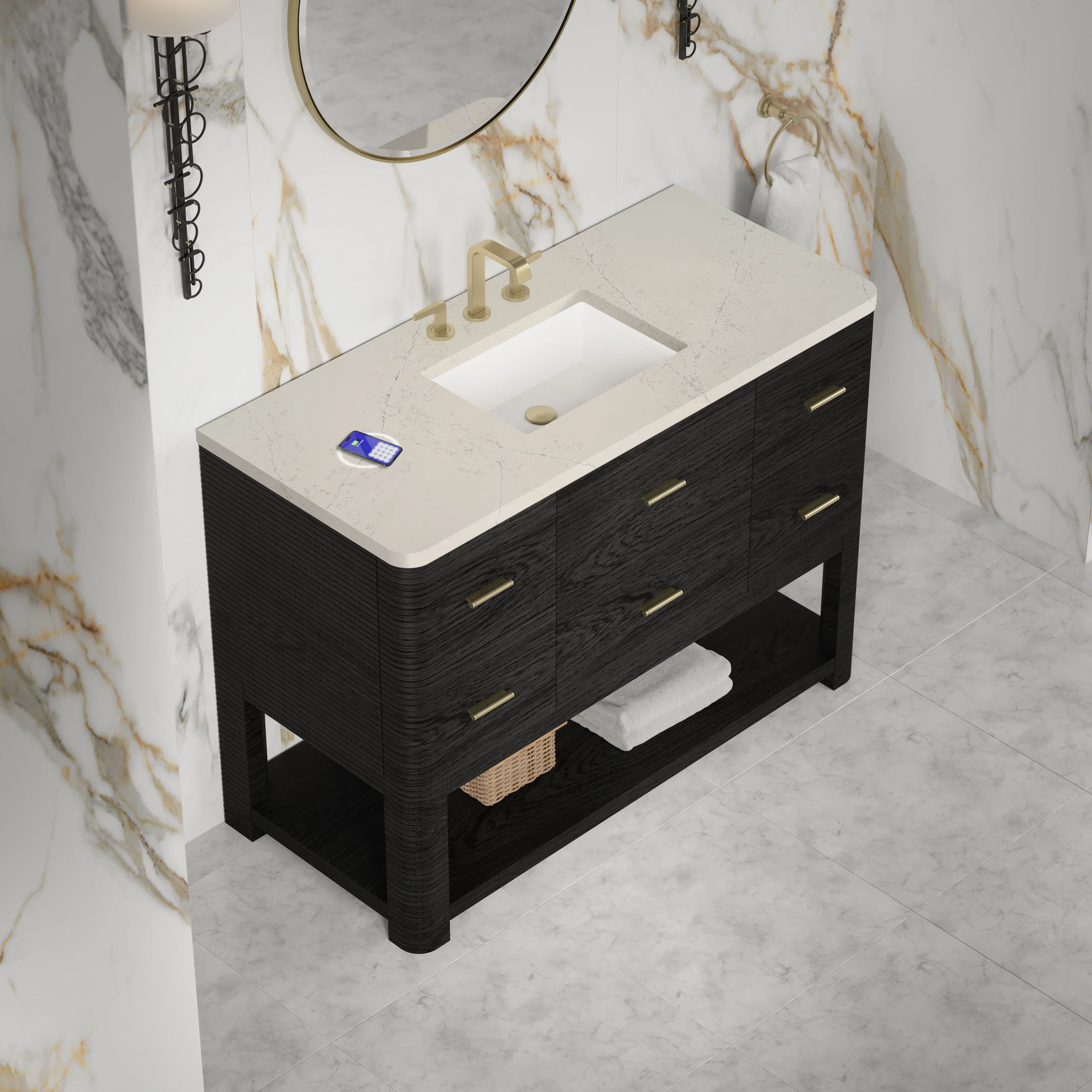 Lucian 48" Single Vanity, Carbon Oak, w/ 3 CM Siberian Silestone Top w/FreePower Wireless Charger
