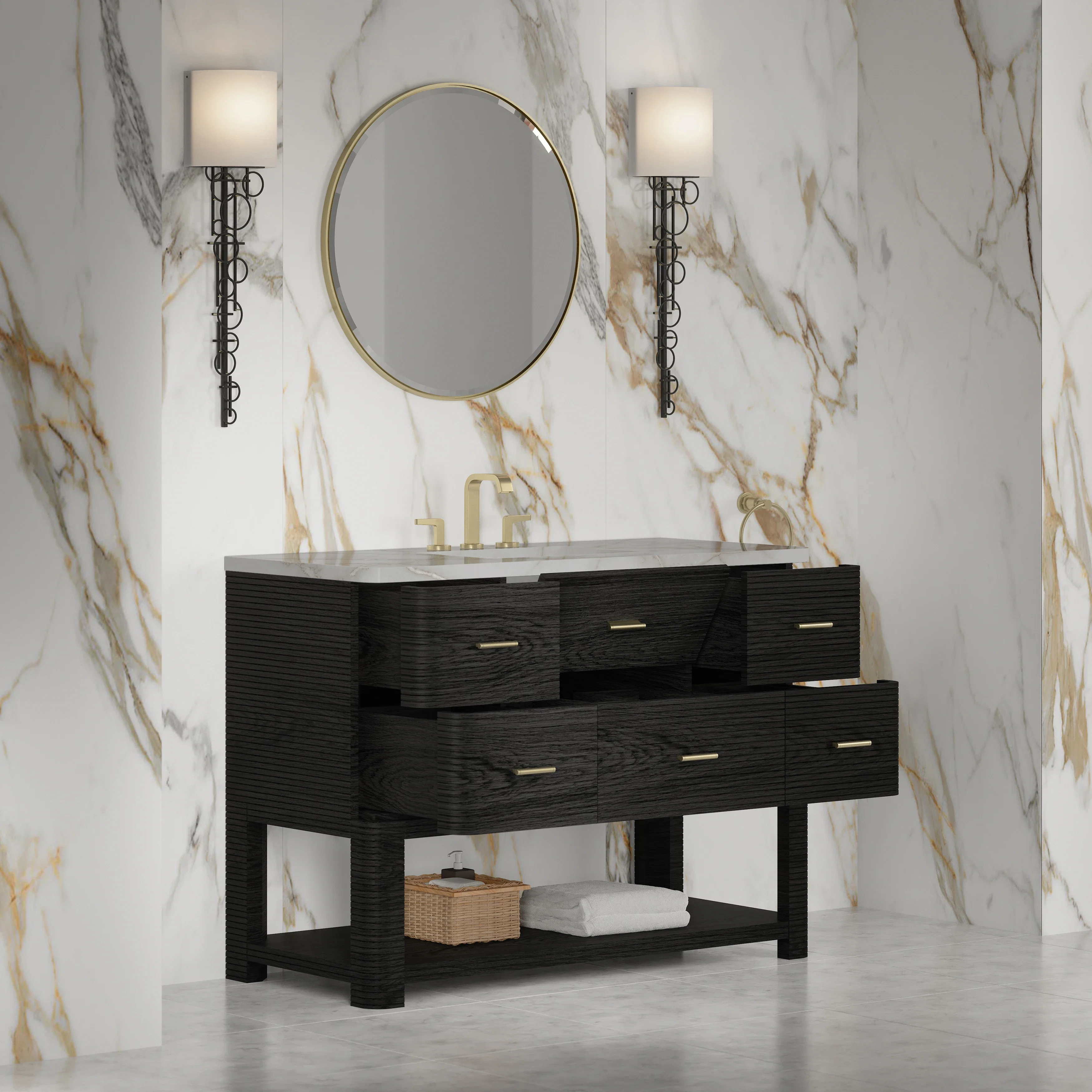 Lucian 48" Single Vanity, Carbon Oak w/ 3 CM Victorian Silver Silestone Top w/ FreePower Wireless Charger