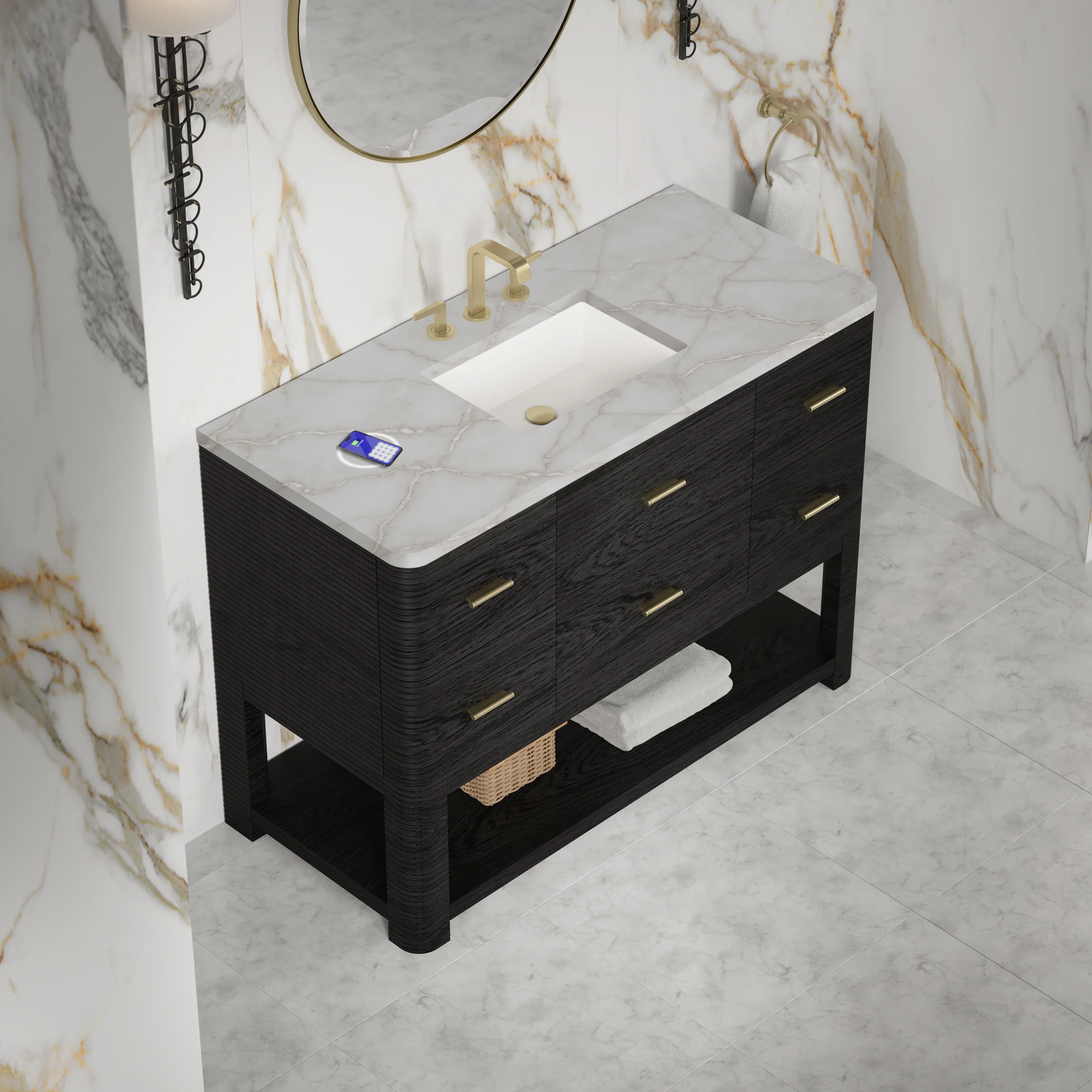 Lucian 48" Single Vanity, Carbon Oak w/ 3 CM Victorian Silver Silestone Top w/ FreePower Wireless Charger