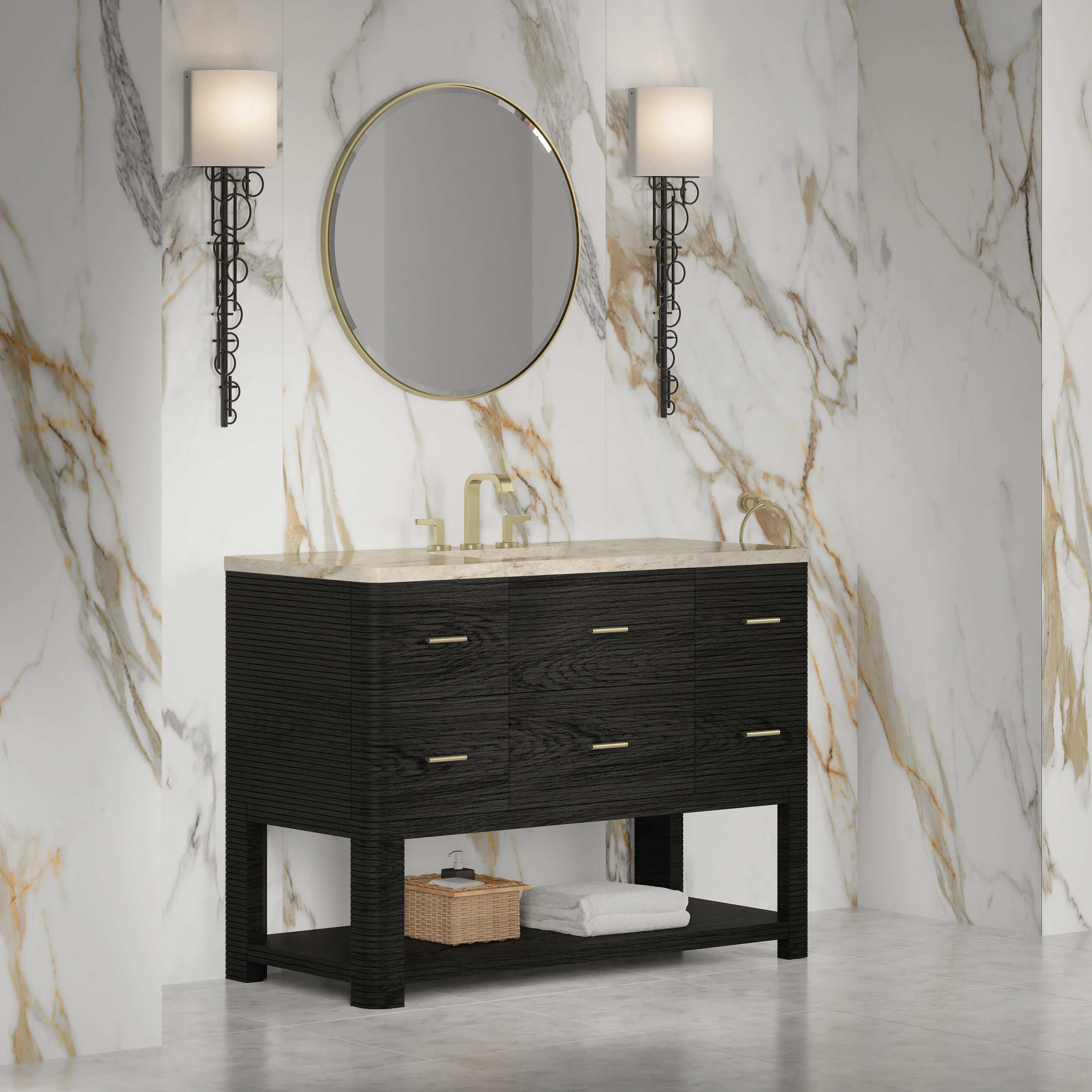 Lucian 48" Single Vanity, Carbon Oak, w/ 3 CM Tajnar Eclos Widespread Top
