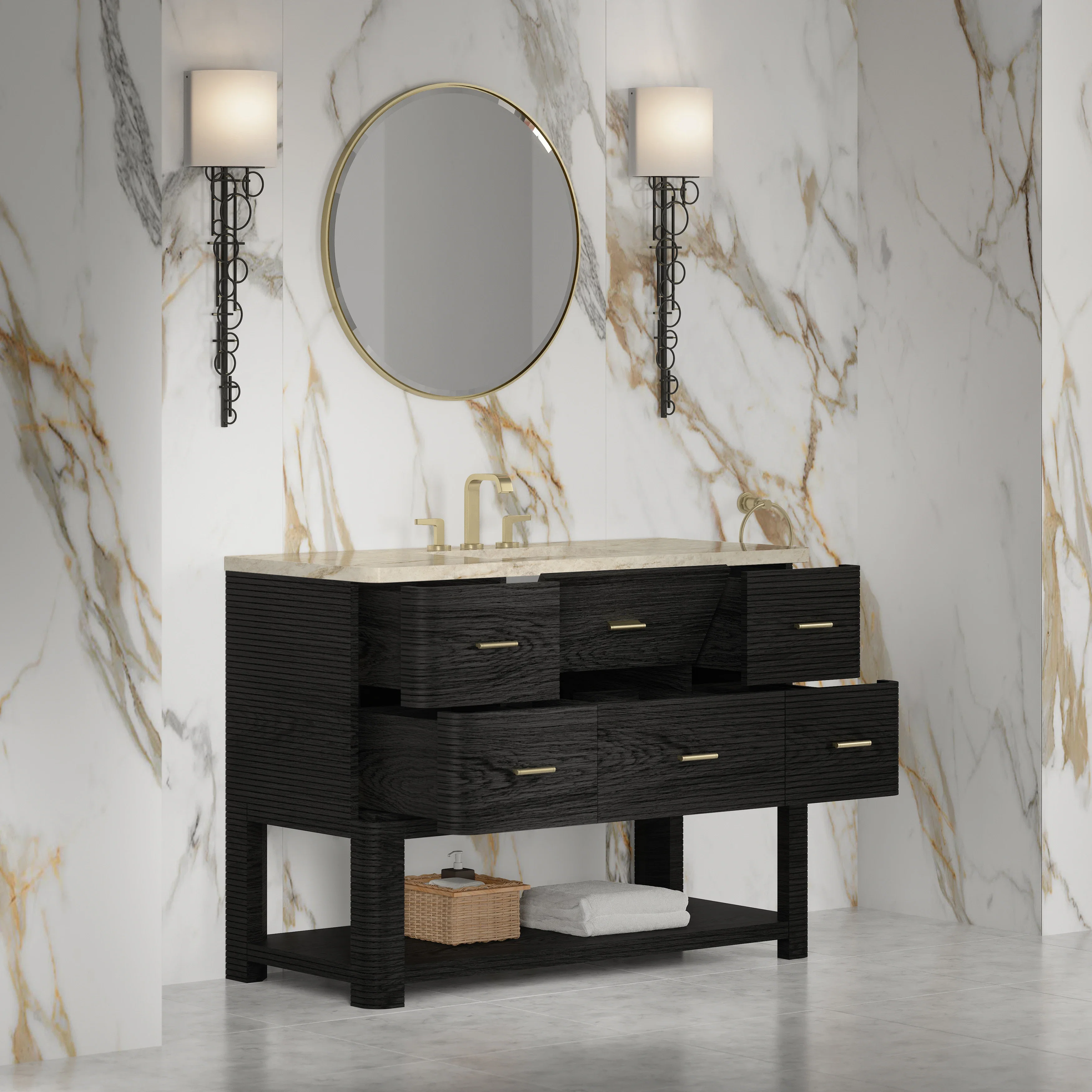 Lucian 48" Single Vanity, Carbon Oak, w/ 3 CM Tajnar Eclos Widespread Top