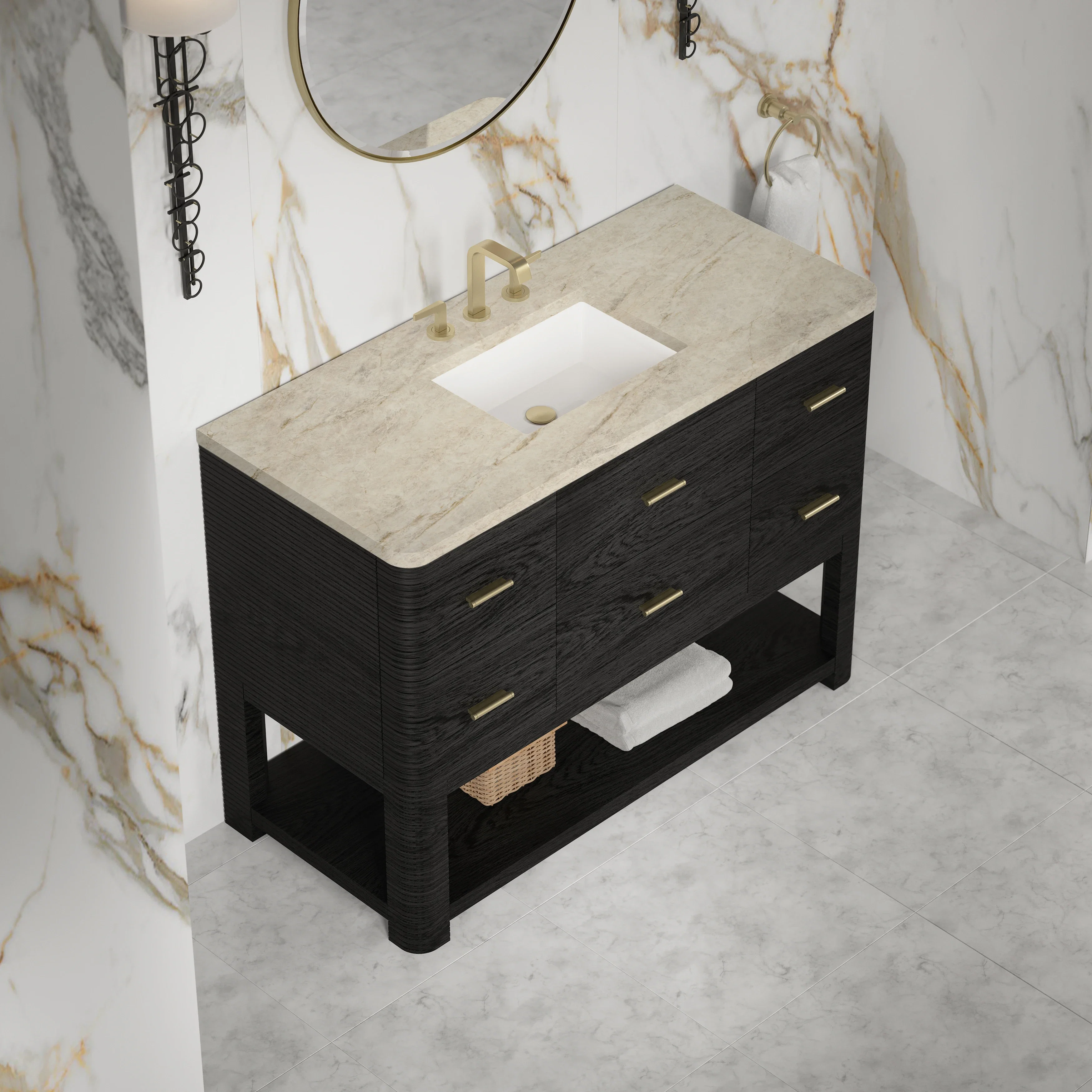 Lucian 48" Single Vanity, Carbon Oak, w/ 3 CM Tajnar Eclos Widespread Top