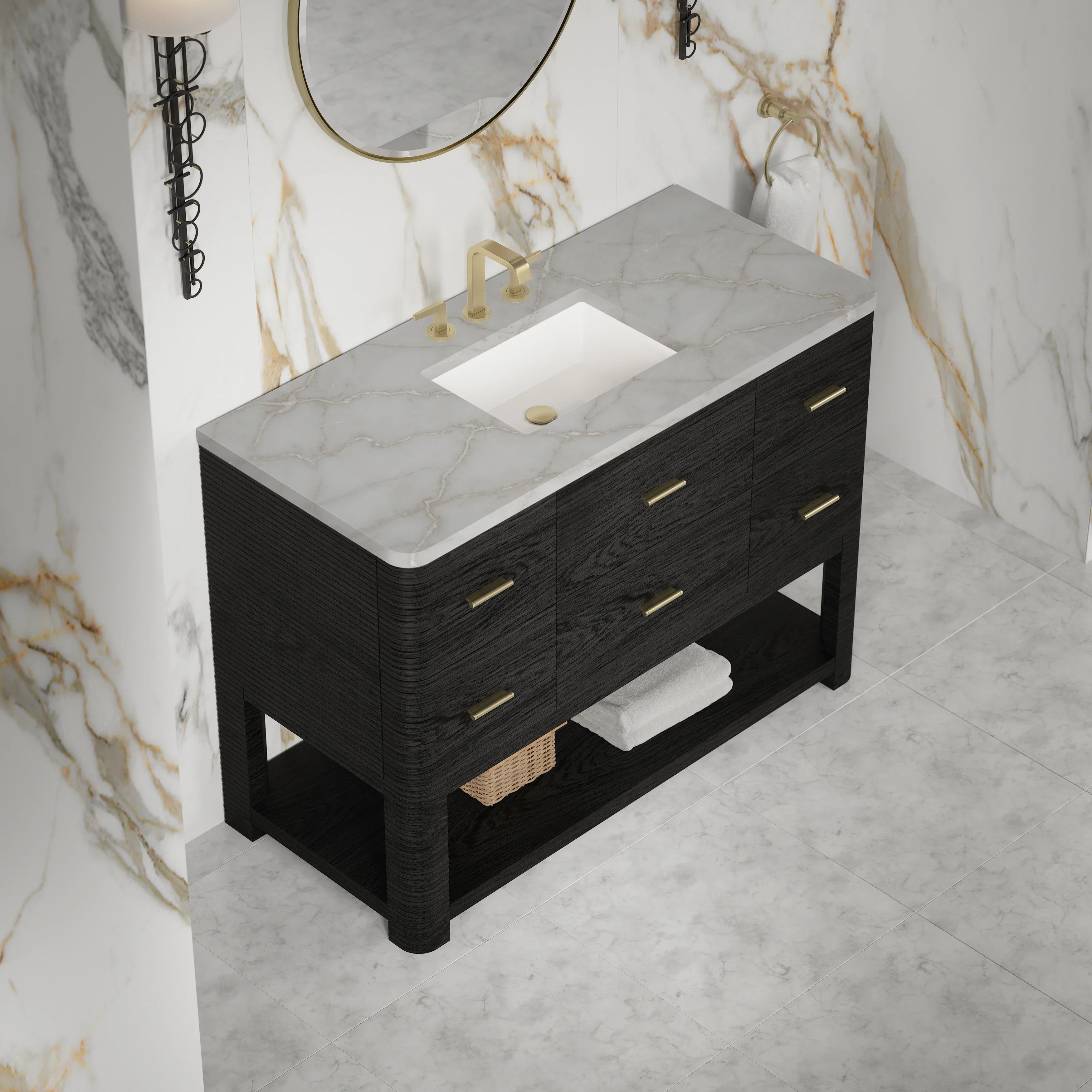 Lucian 48" Single Vanity, Carbon Oak w/ 3 CM Victorian Silver Silestone Widespread Top