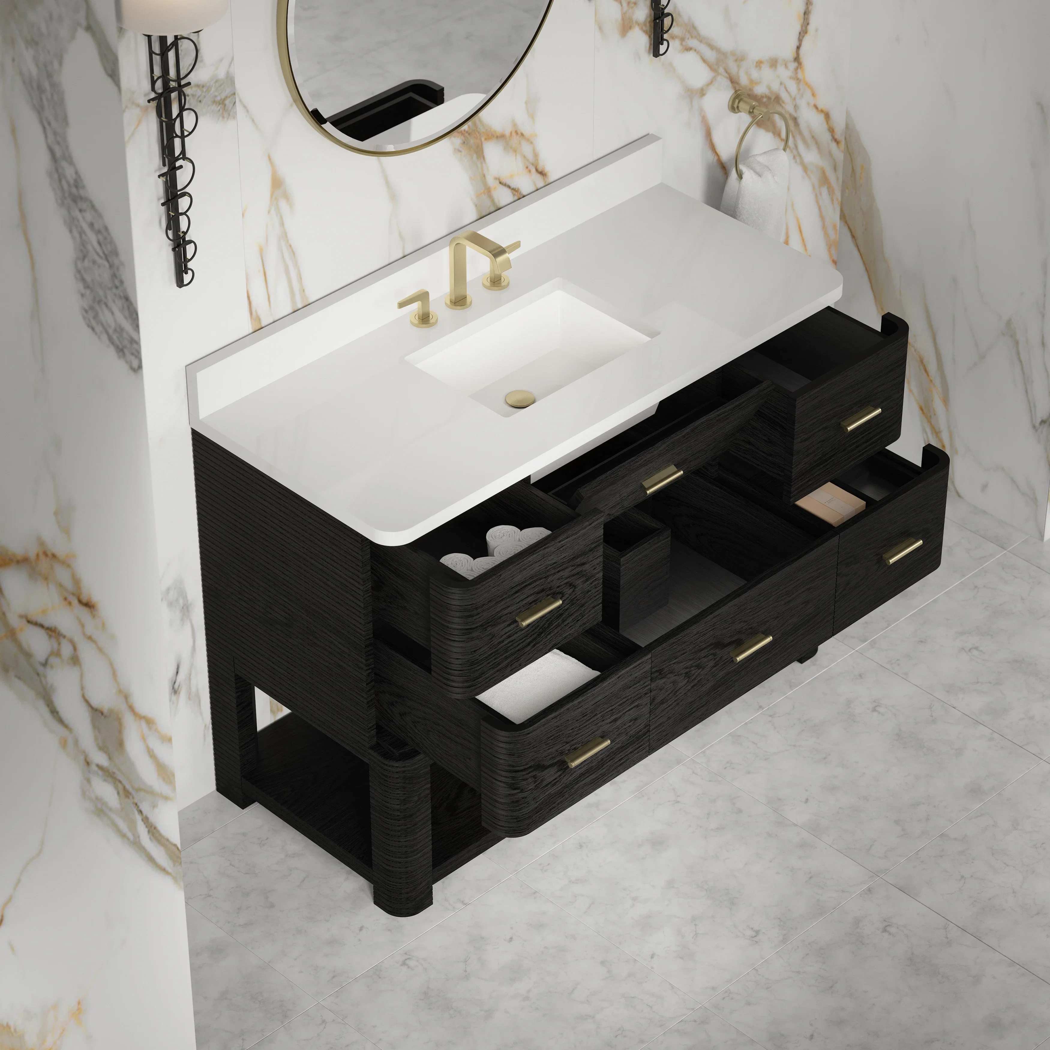 Lucian 48" Single Vanity, Carbon Oak w/ 3 CM White Zeus Silestone Widespread Top