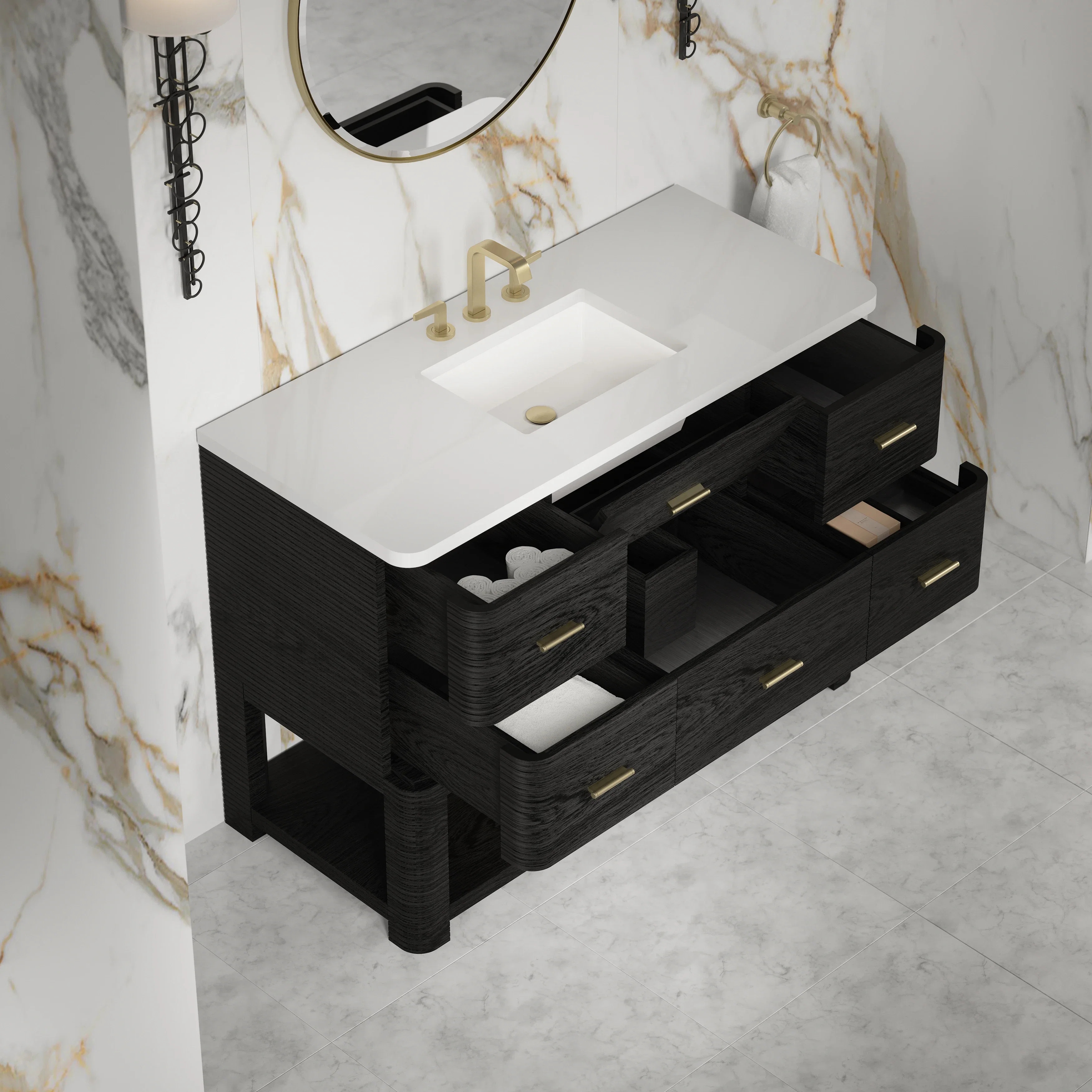 Lucian 48" Single Vanity, Carbon Oak w/ 3 CM White Zeus Silestone Widespread Top